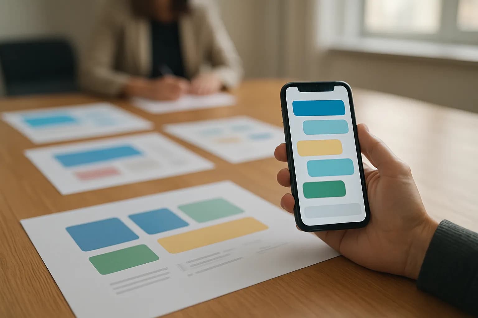 Hand holding a phone beside presentation drafts on a meeting table