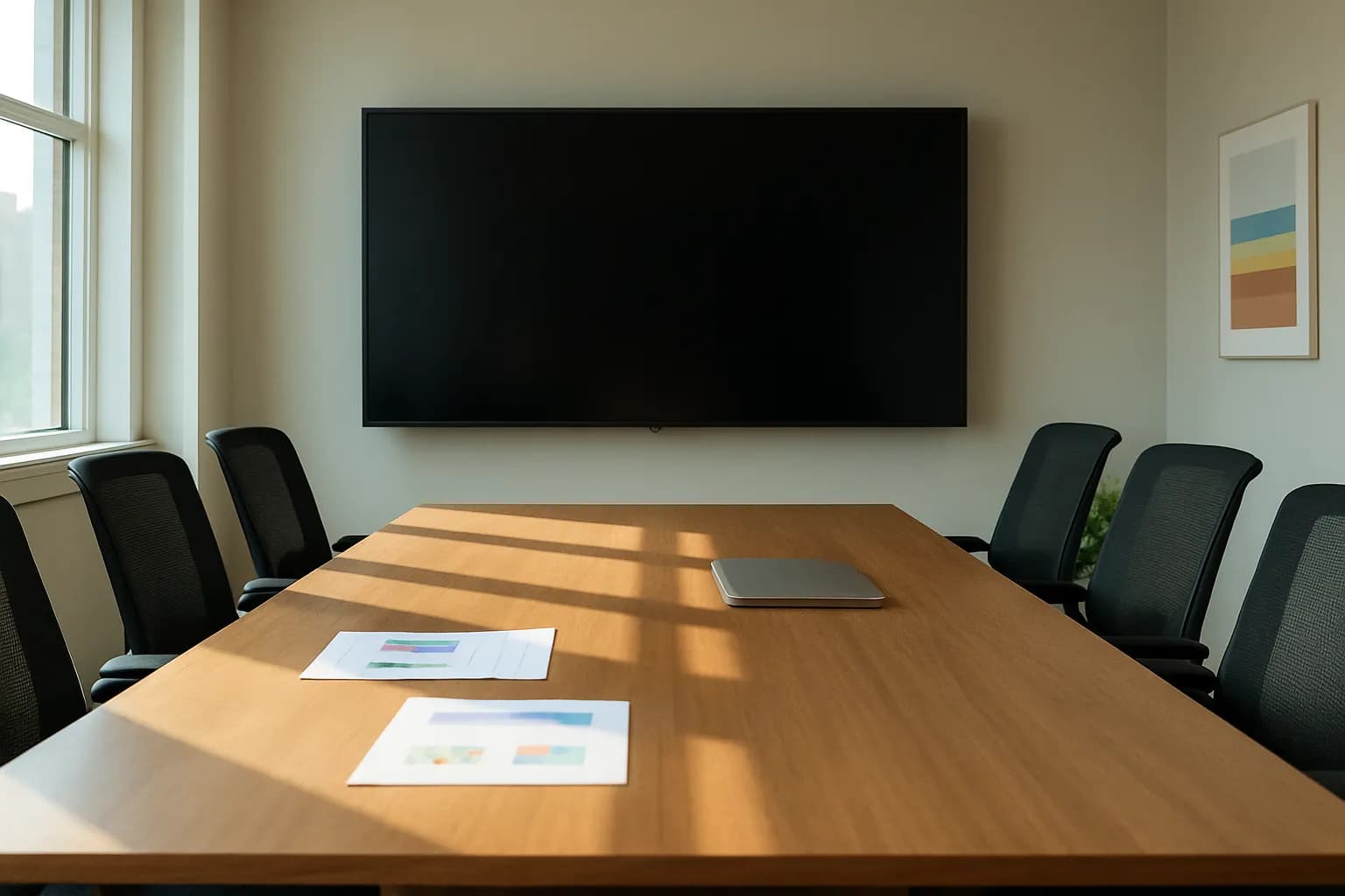Empty workspace meeting room with chairs facing a dark video display