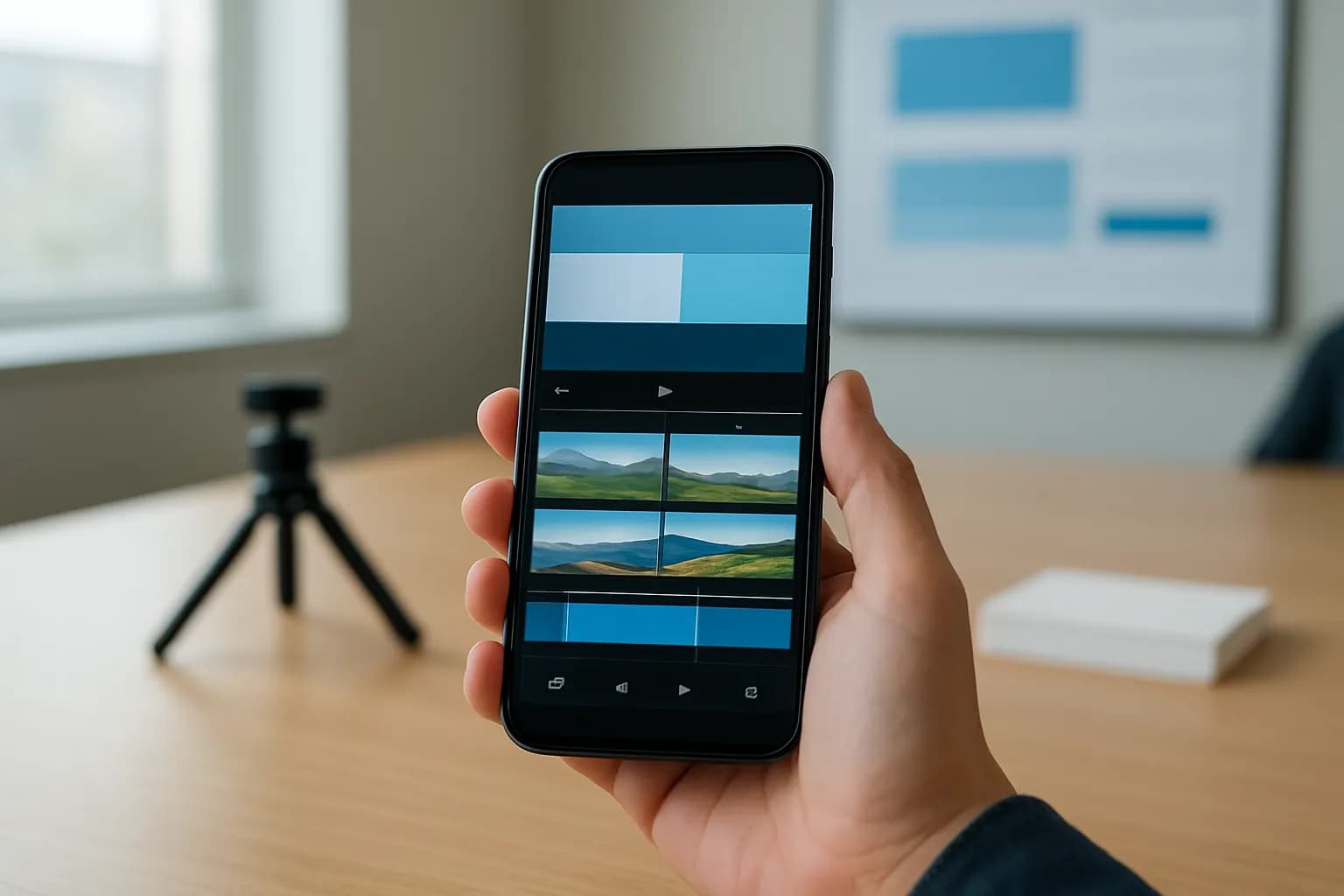 Hand holding a phone with landscape video clips on an editing timeline