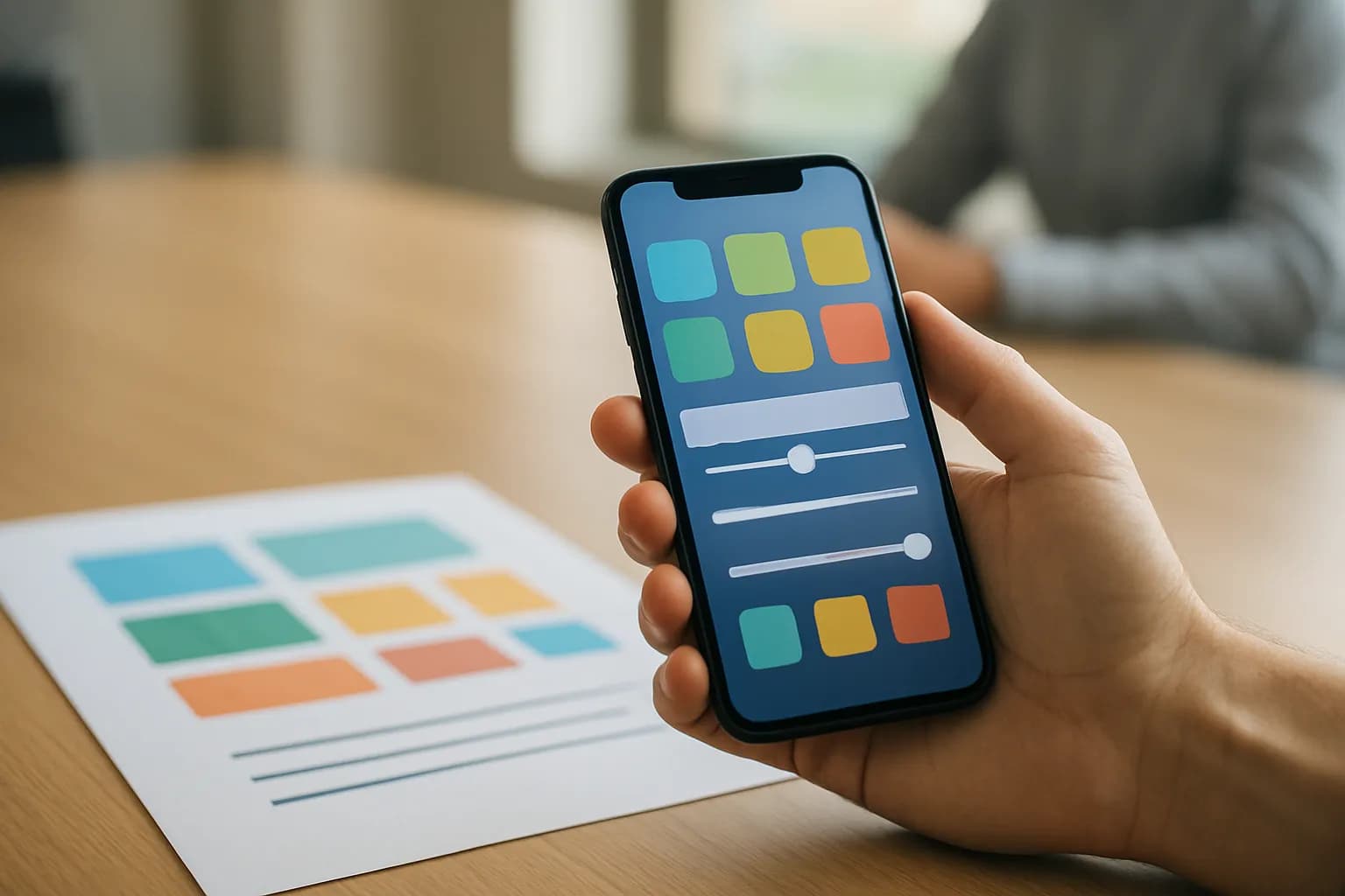 Hand holding a phone beside a printed draft on a meeting table