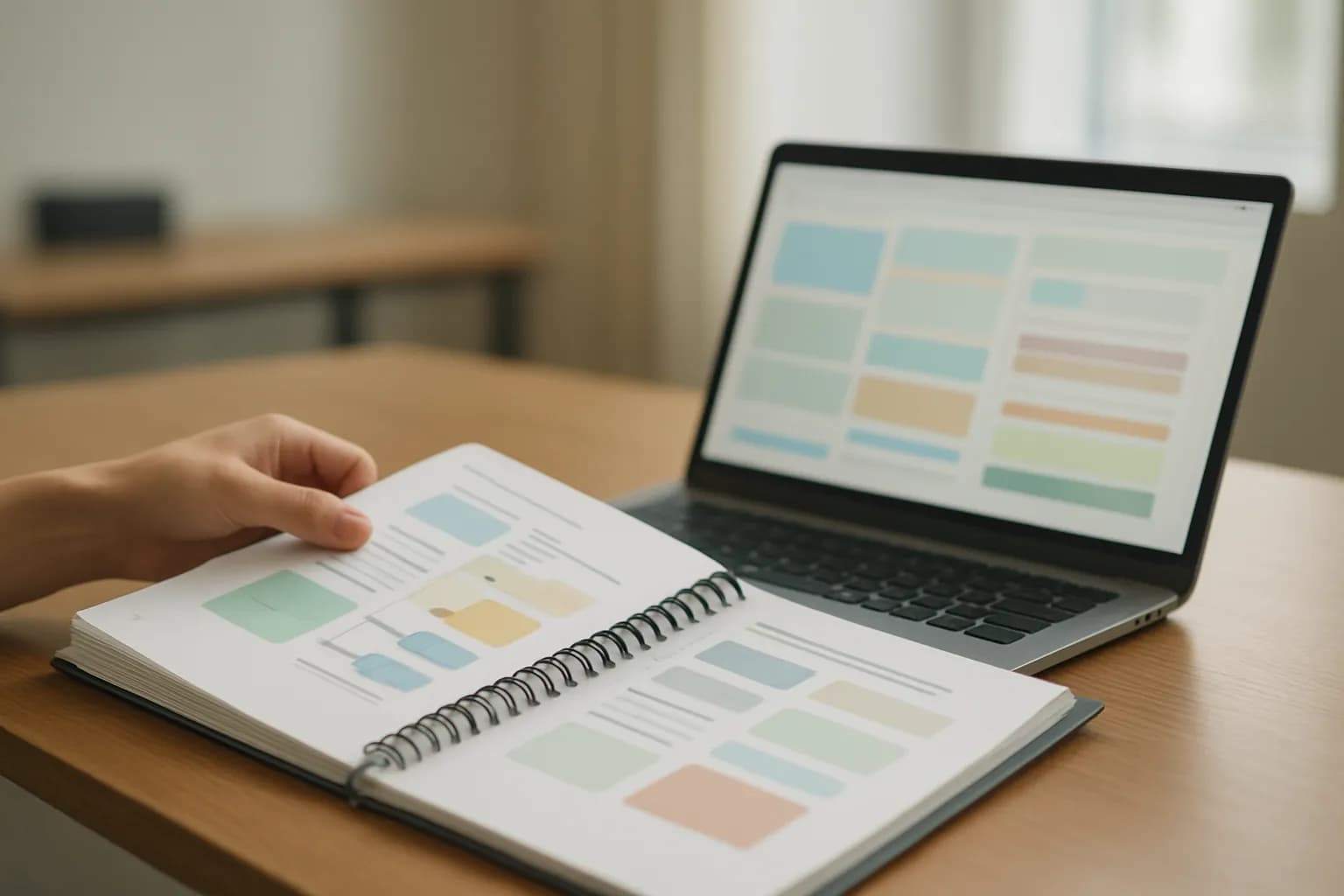 Hands turn training binder pages beside a laptop showing coloured study cards