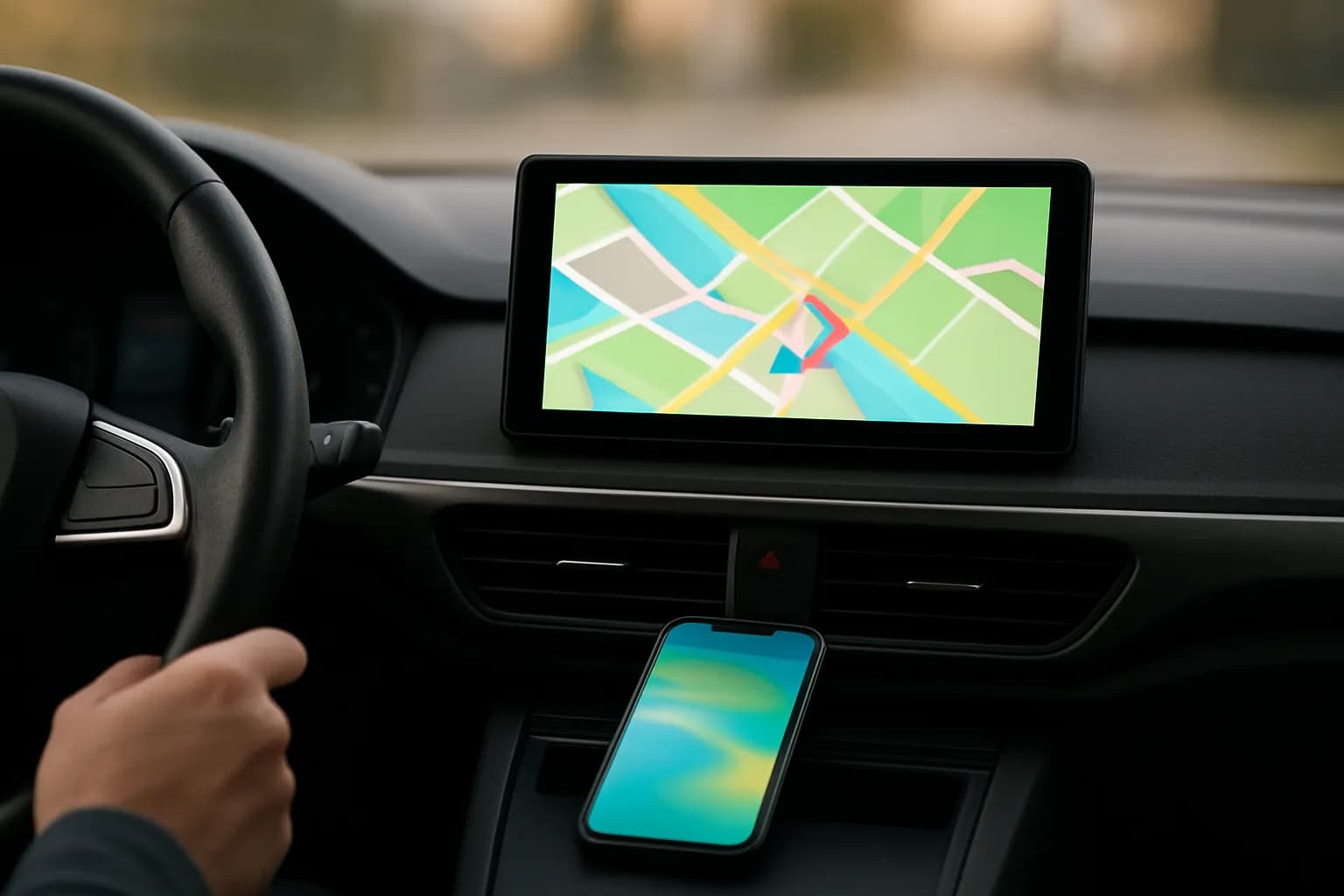 Car dashboard map and connected phone in soft morning light