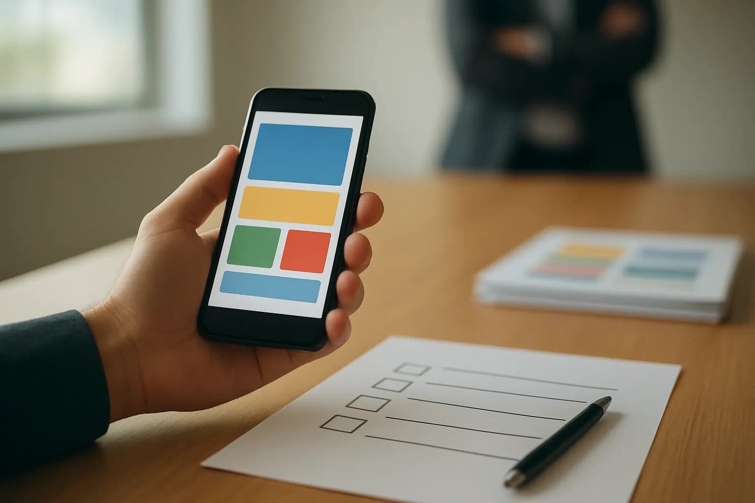 Hand holding a phone beside a paper checklist in a meeting room