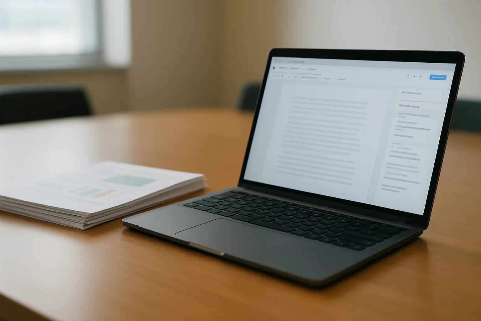 Laptop document with a side panel beside research papers in a meeting room