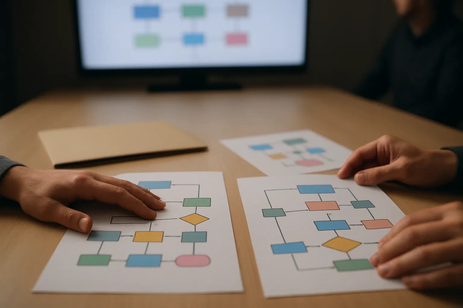 Hands compare printed software diagrams on a security meeting room table