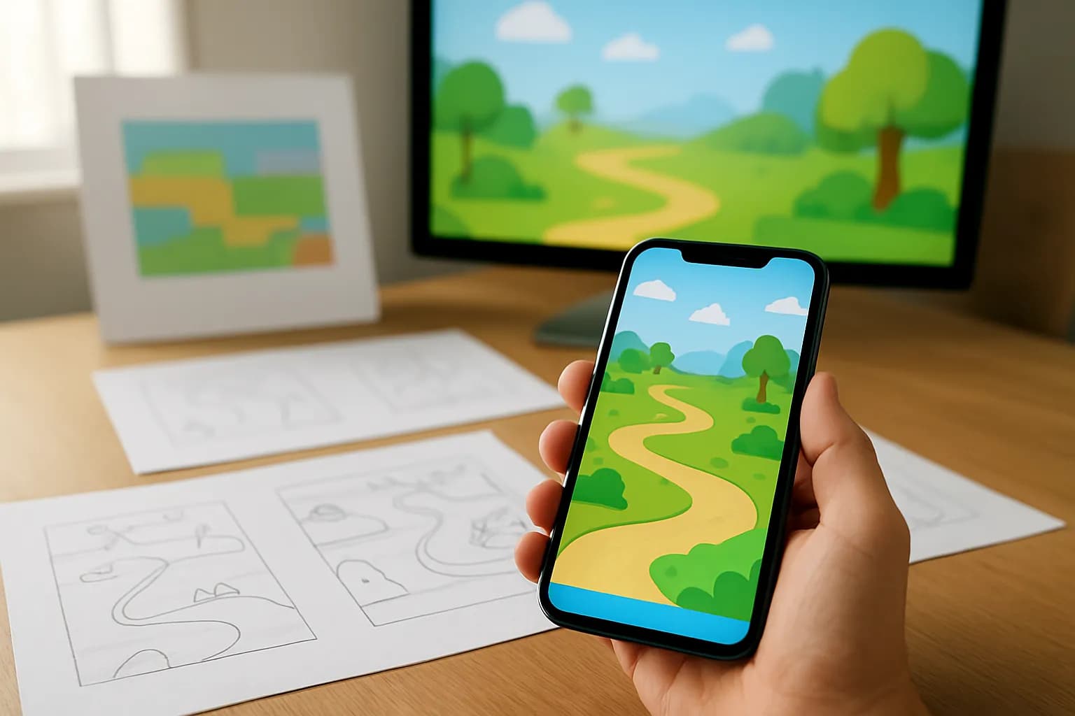 Hand holding a phone with a colourful game landscape beside sketches