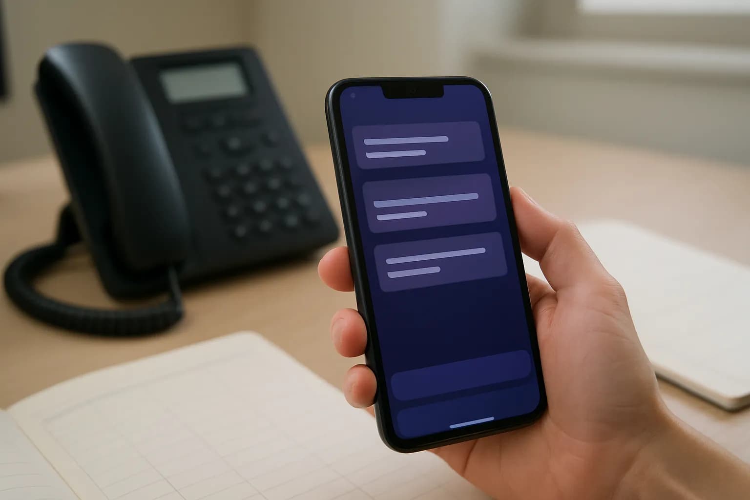 Hand holding a phone beside an appointment planner and office desk phone