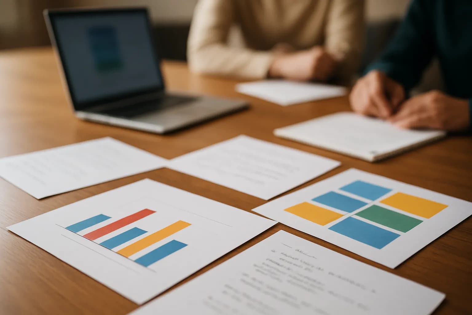 Project notes and proposal pages spread across a sunlit meeting table