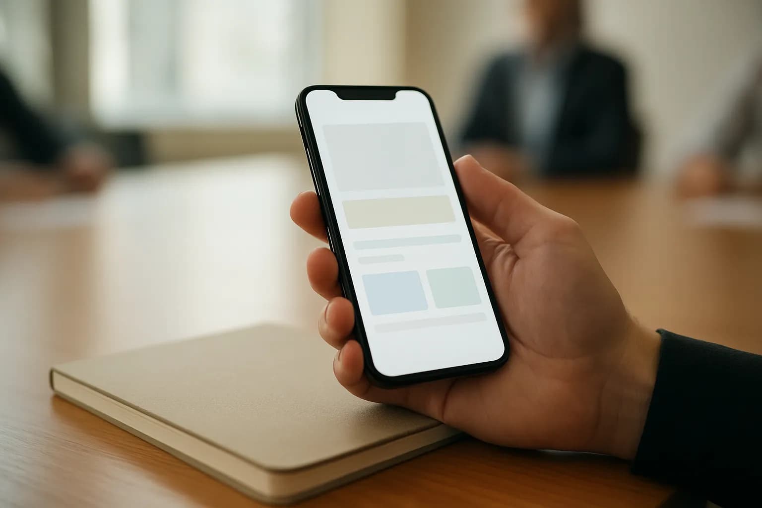 Hand holding a phone with a compact email layout beside a meeting notebook