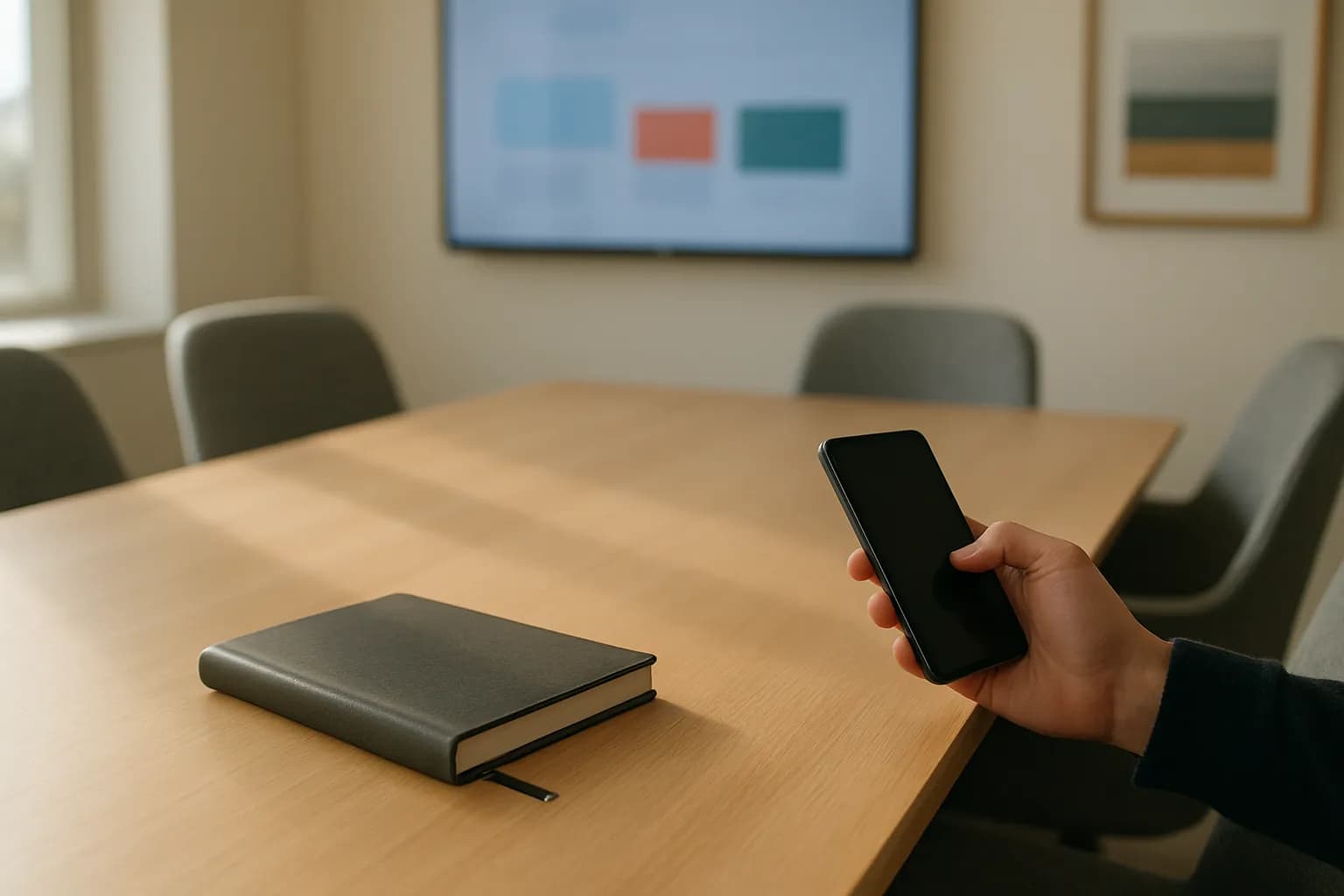 Three meeting room chairs, a closed notebook, and a phone in hand
