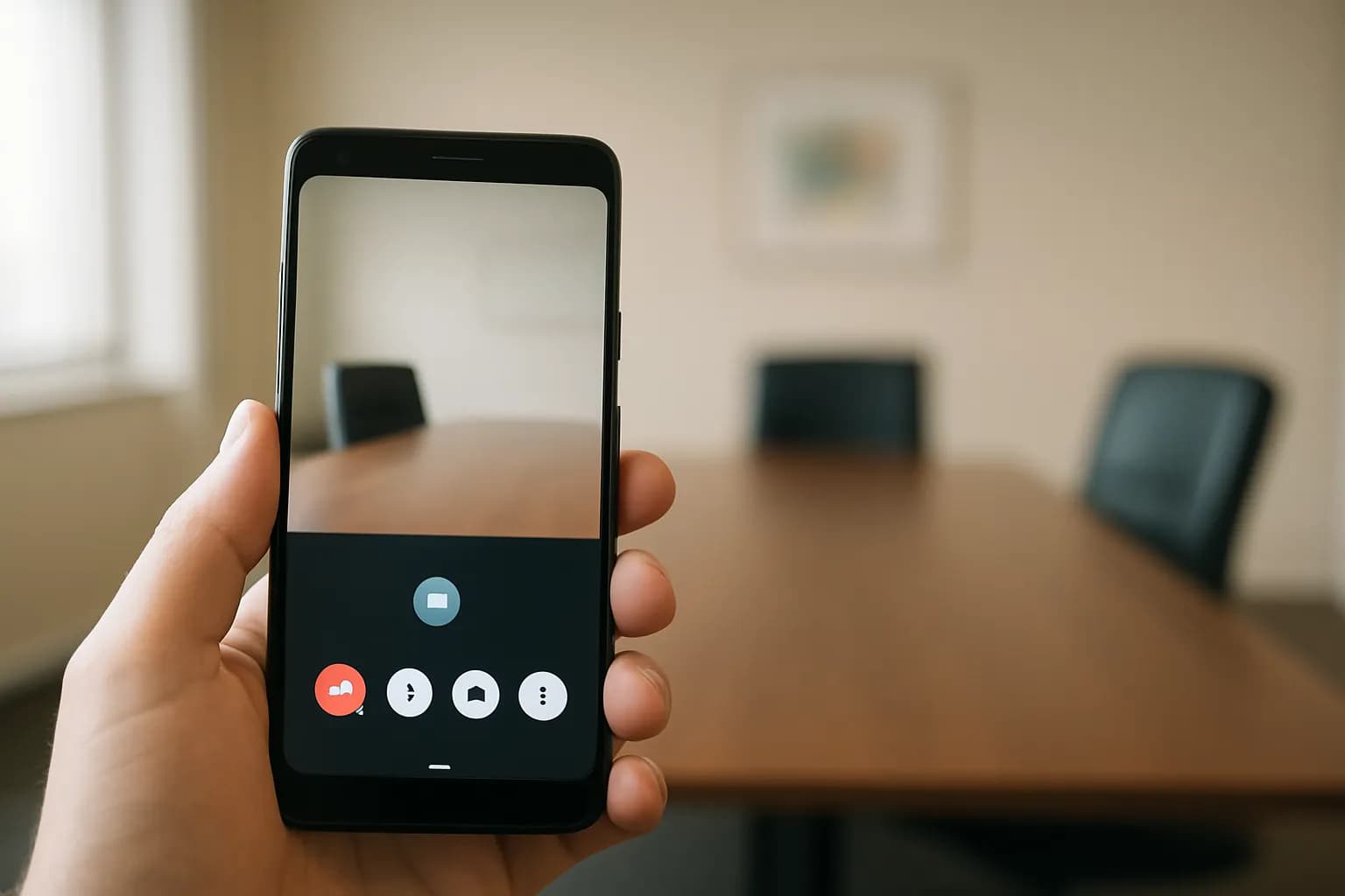 Hand holding an Android phone beside an empty meeting room chair