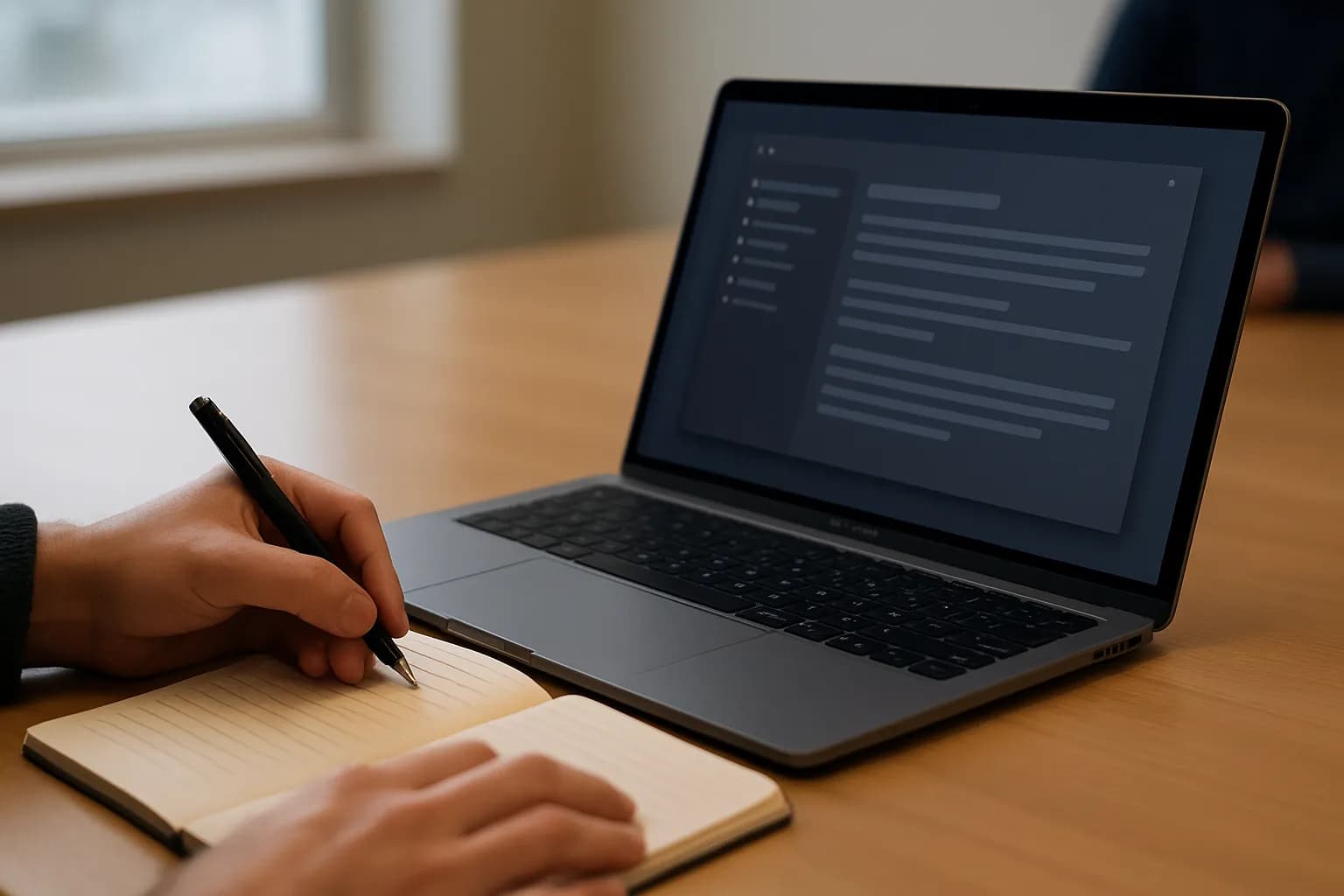 Hands write meeting notes beside a Mac in a sunlit meeting room