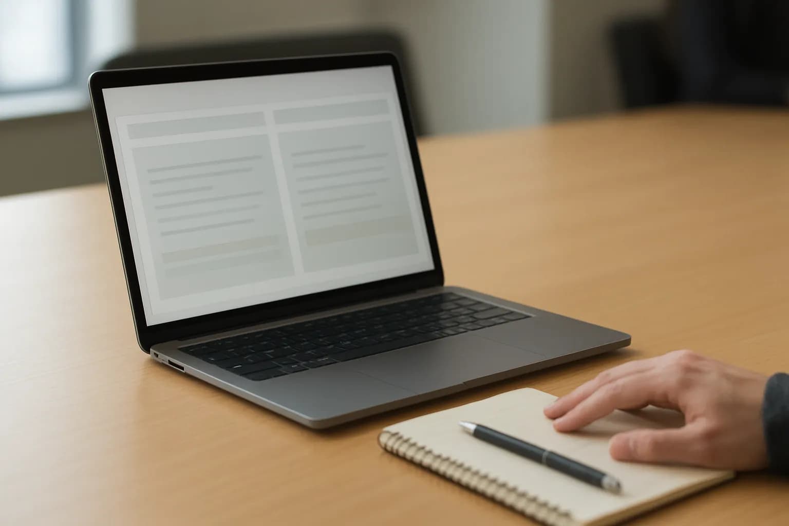 Mac beside a notebook on a softly lit meeting room table