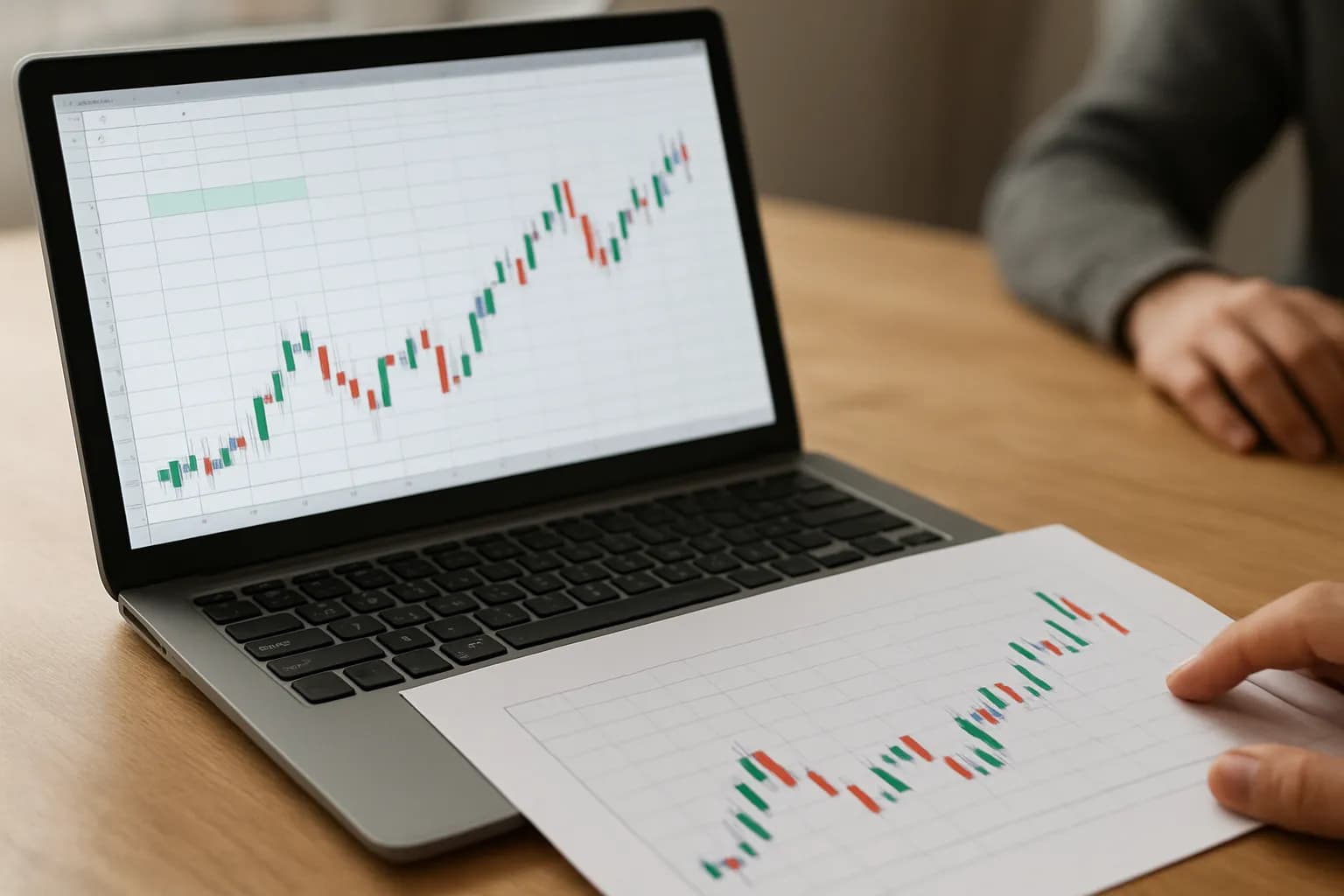 Spreadsheet stock chart beside a printed chart on an office table