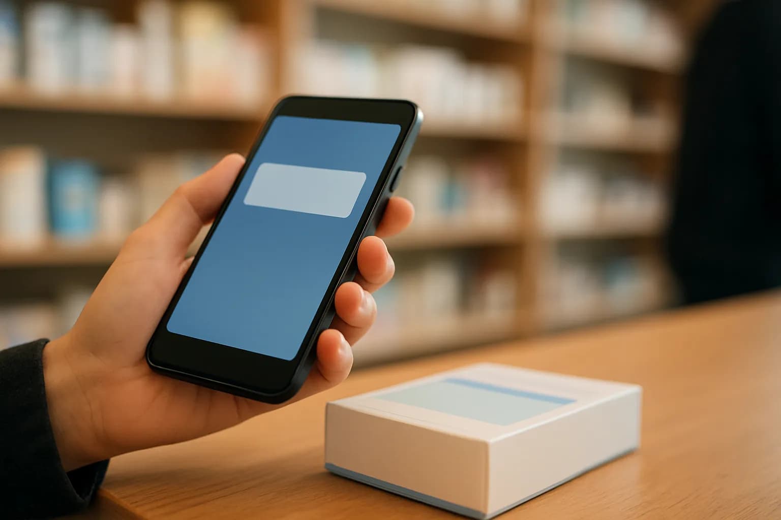 Hand holding a phone beside an item on a shop counter