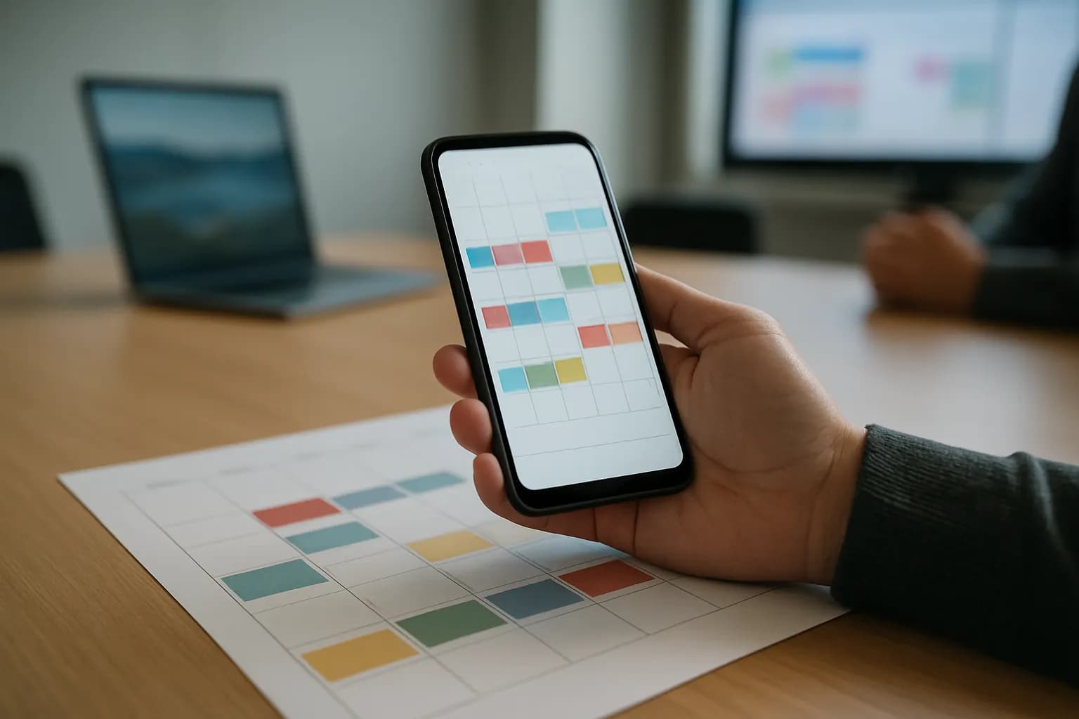 Hand holding a calendar phone above a paper planner in a meeting room