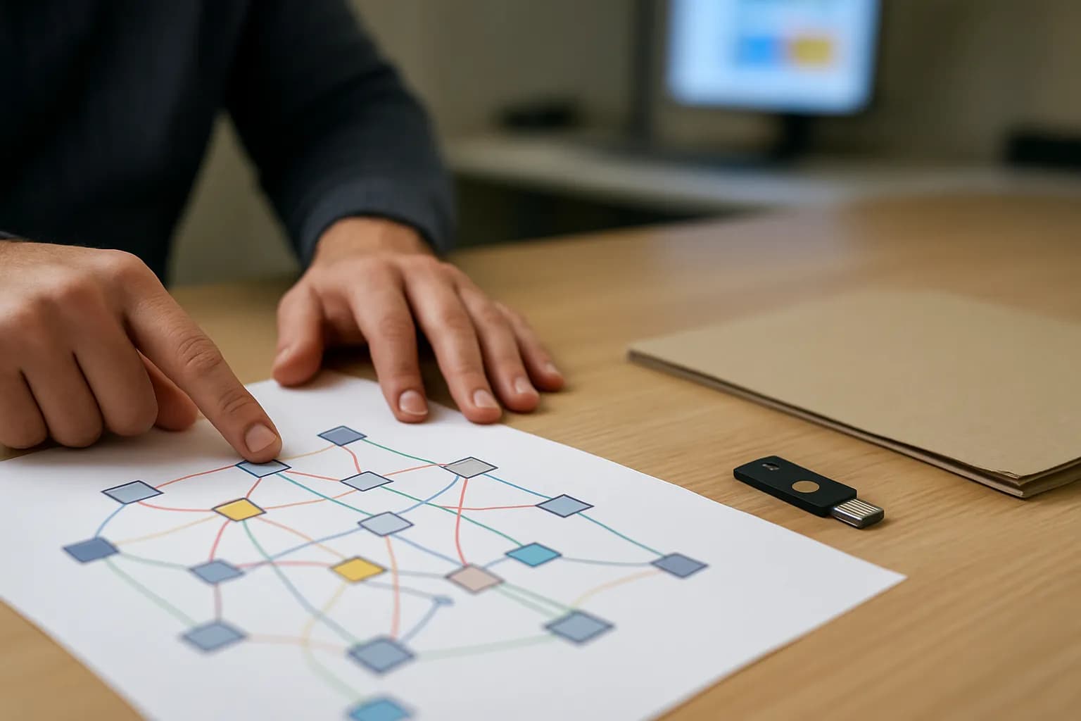 Hands examine a network diagram beside a security key at work