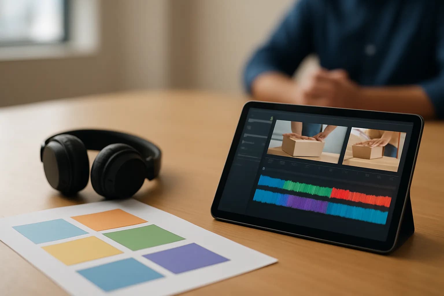 Headphones and storyboard beside a tablet showing parcel footage and an audio track