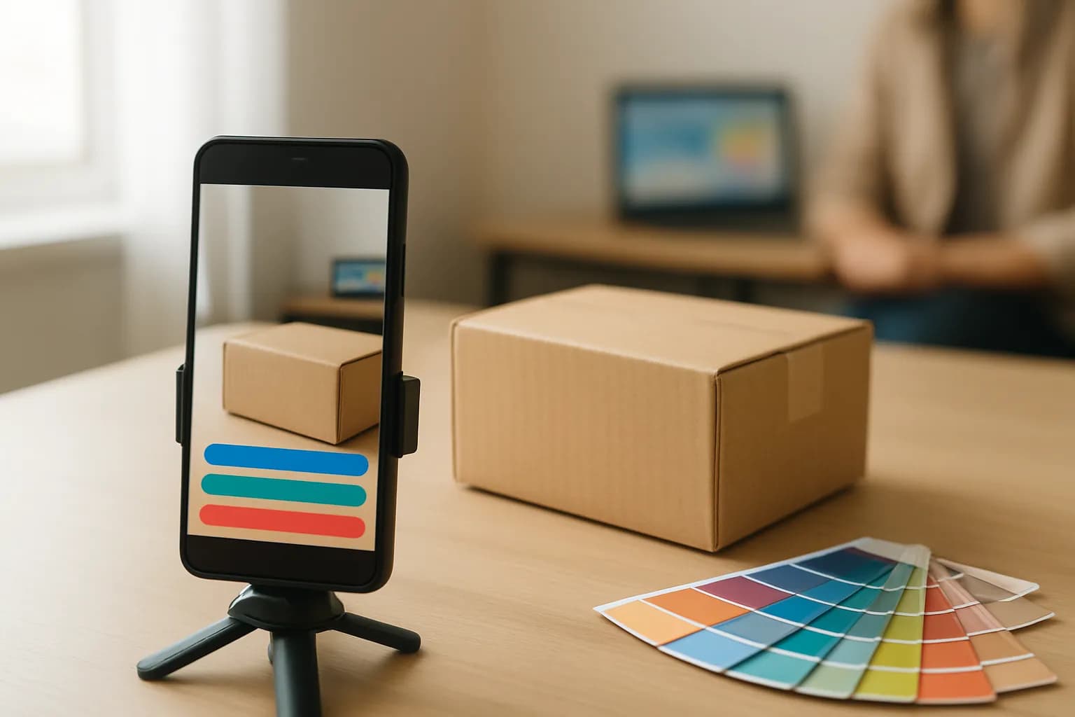 Phone on tripod filming a parcel beside colour swatches in soft light