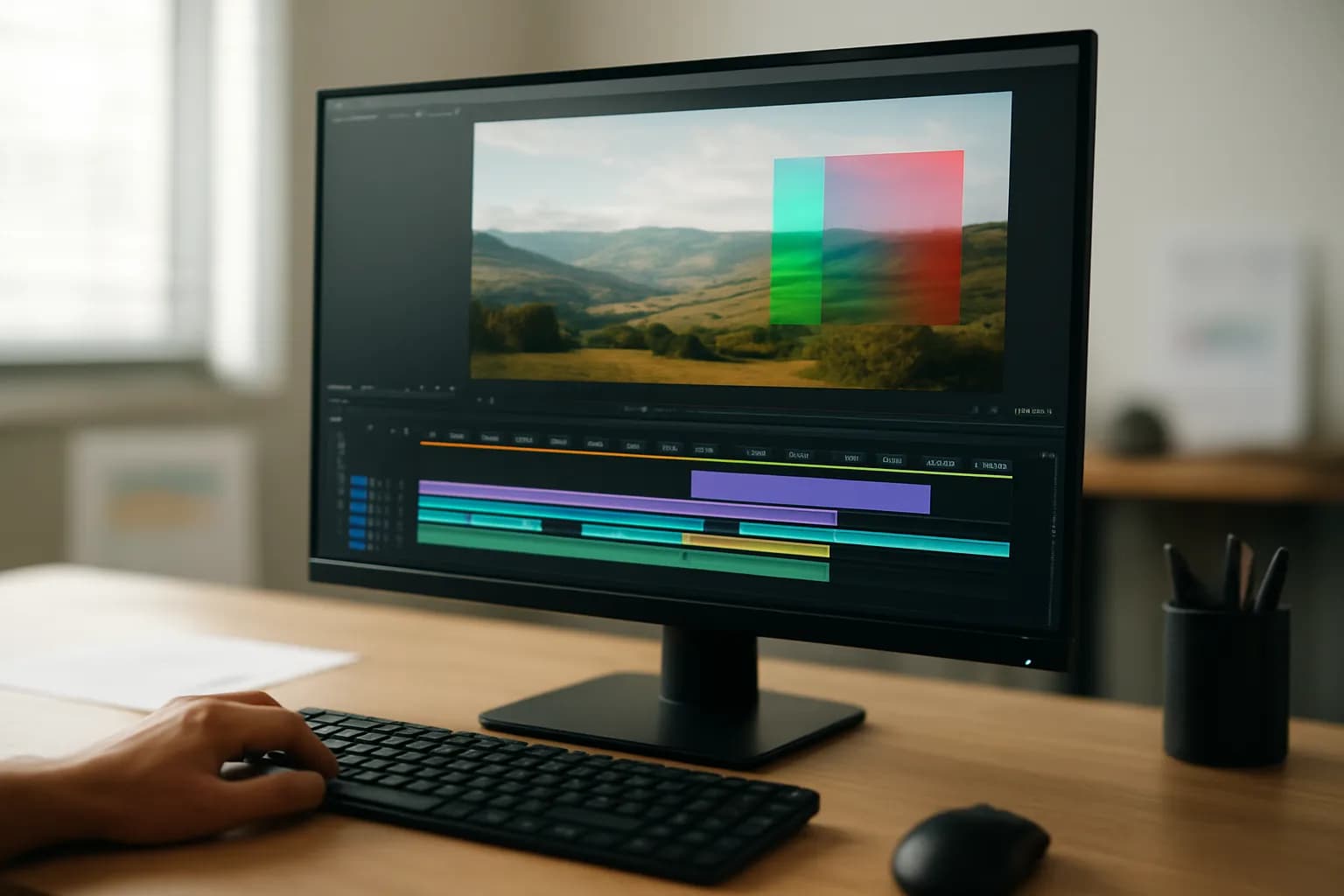 Video editing canvas with landscape footage and coloured timeline tracks in an office
