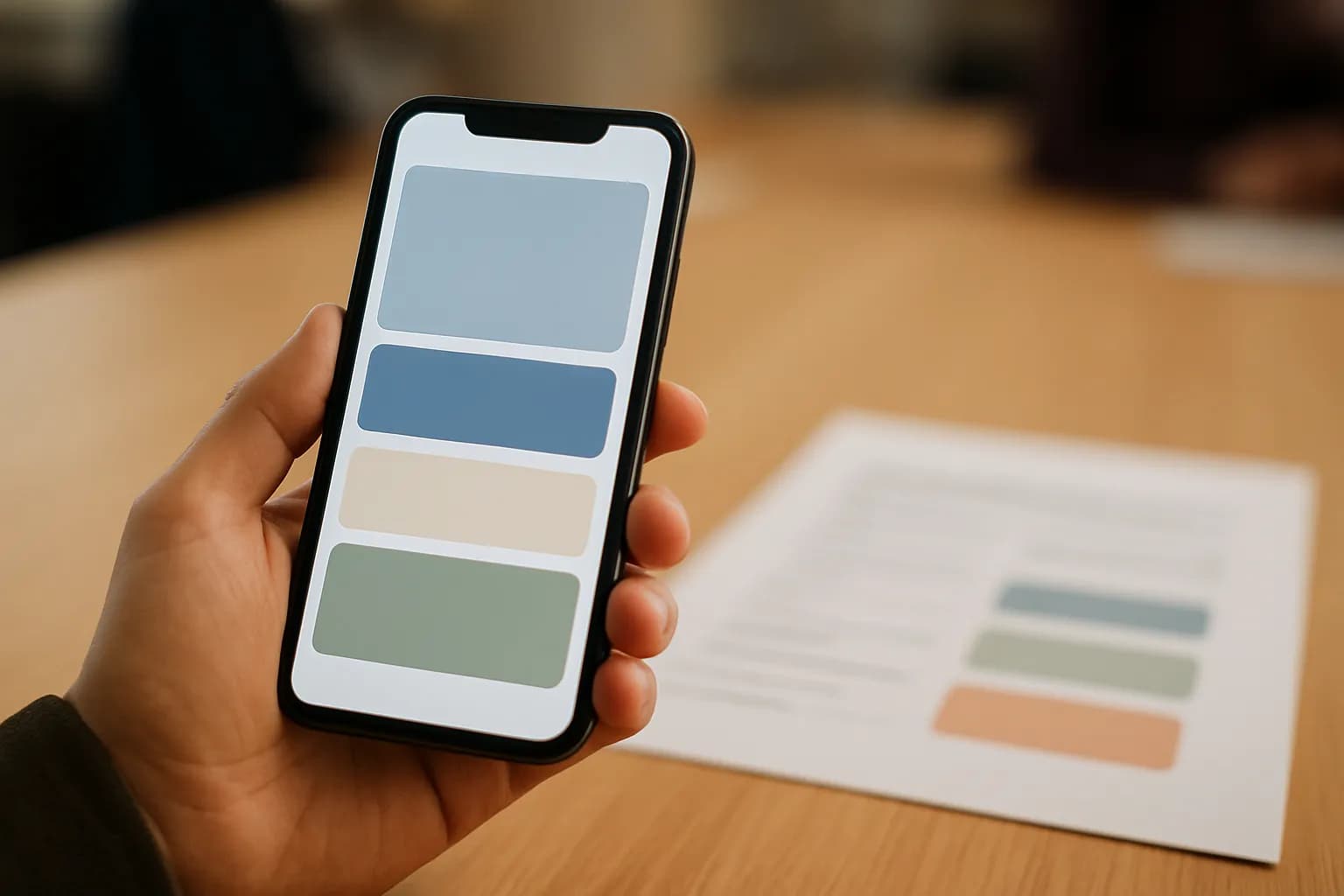 Hand holding a phone beside an editing checklist on a meeting-room table