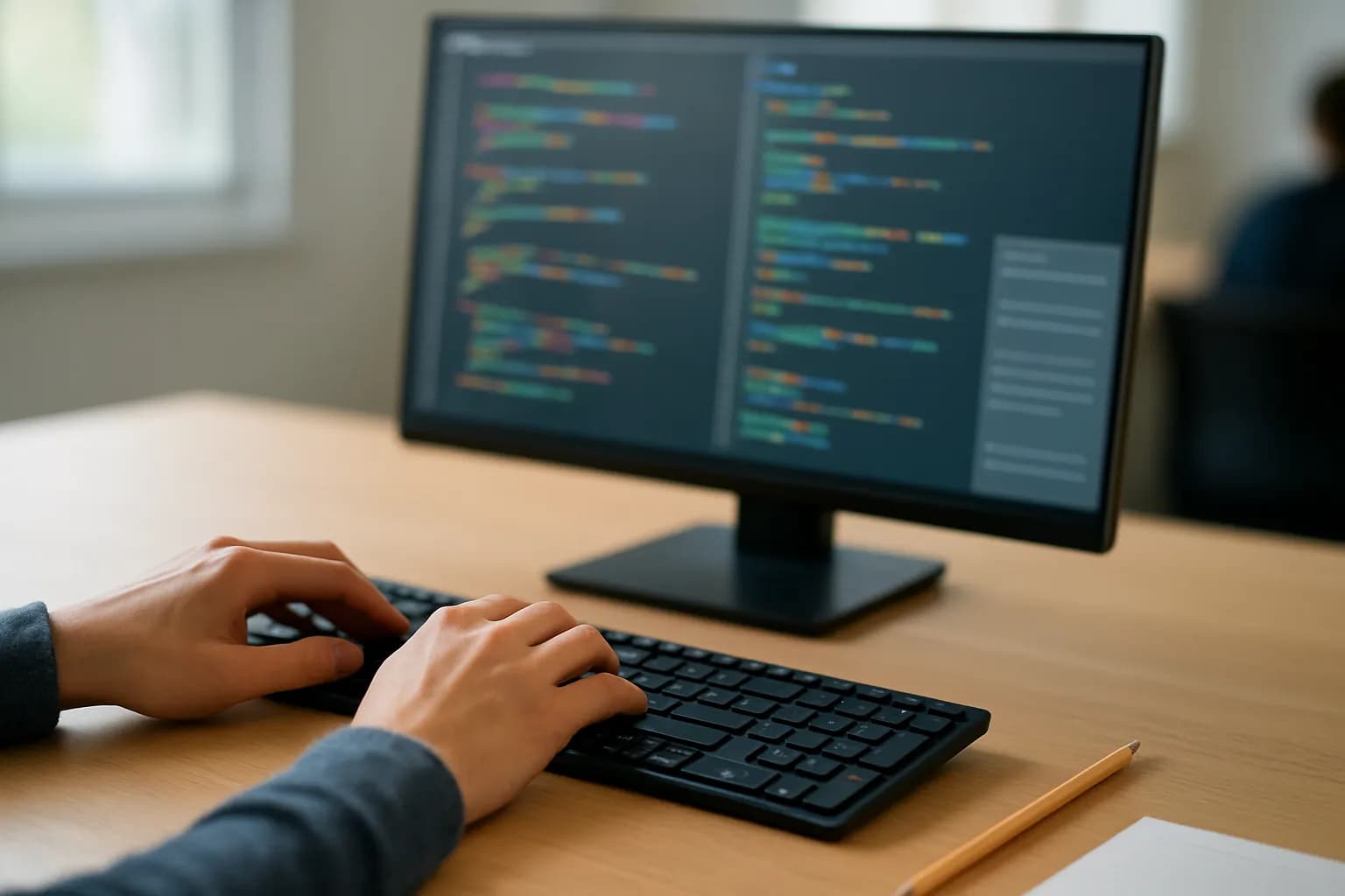 Hands at a keyboard during a developer interview, beside a blank notepad