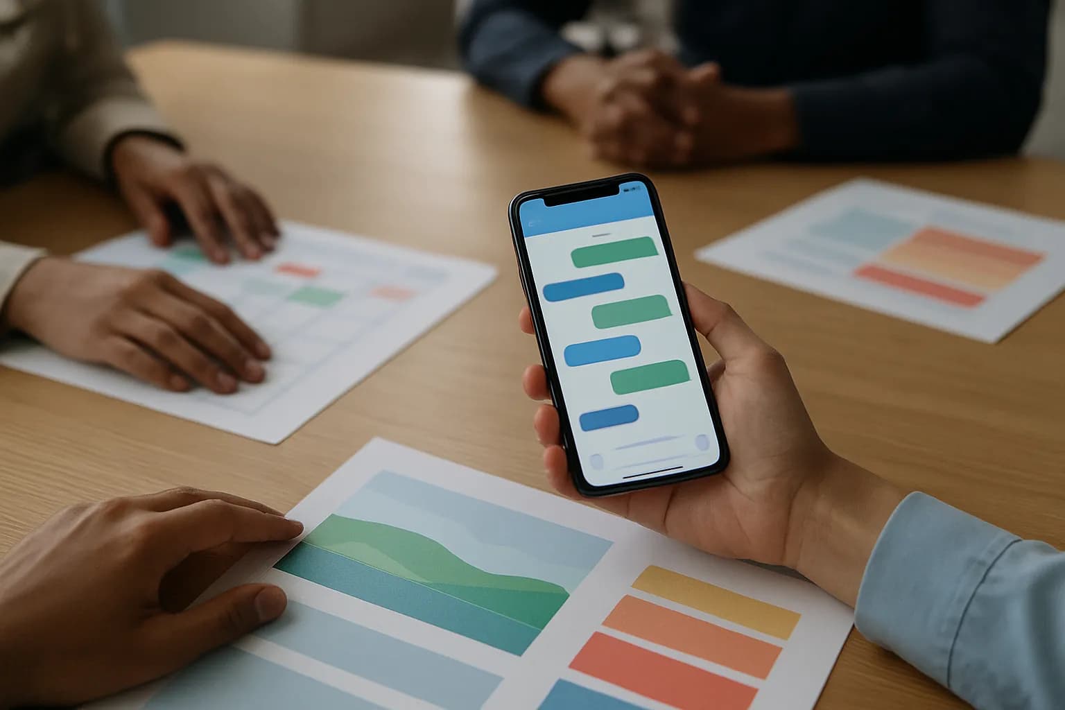 Hands compare a group chat phone with planning papers on a meeting table