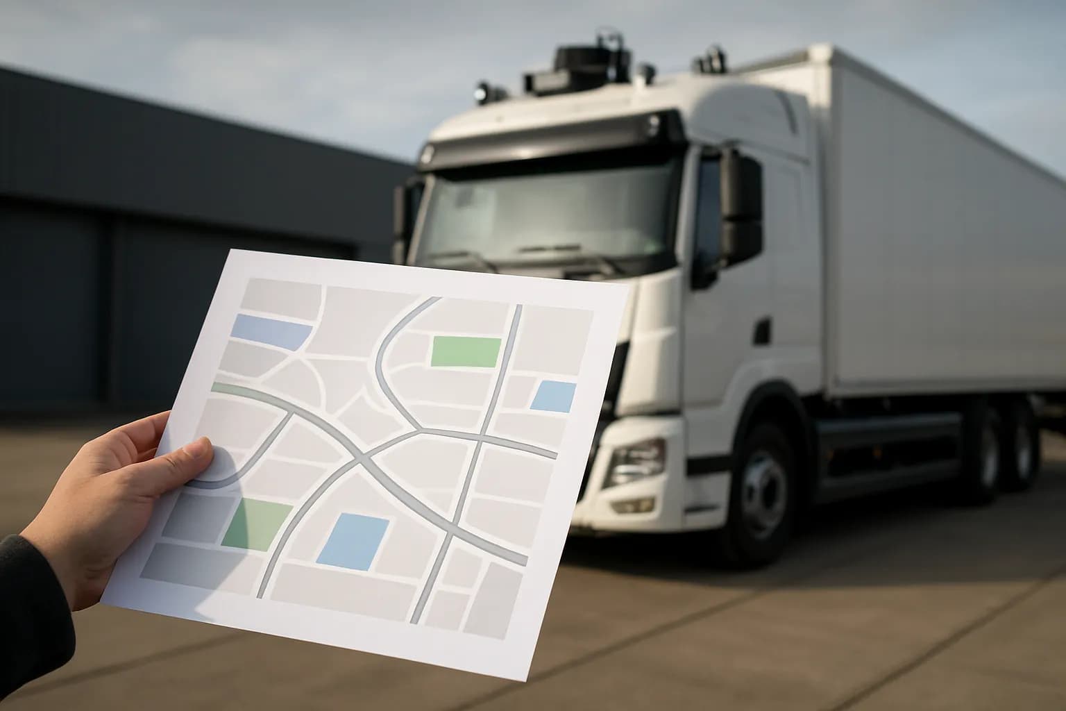 Hand holds a road layout beside an autonomous truck at a test facility