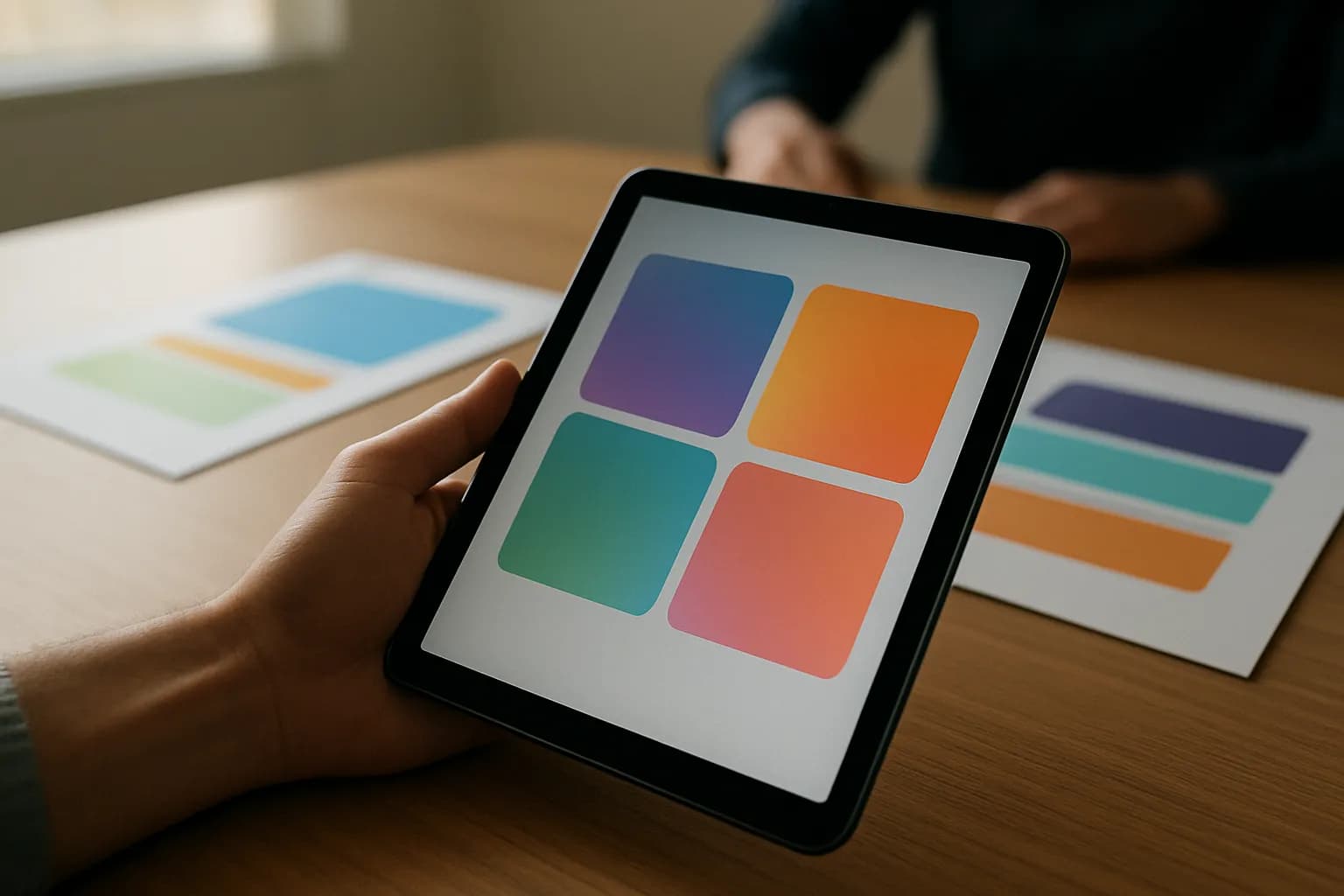 Hand holding an iPad beside marketing mockups on a meeting table