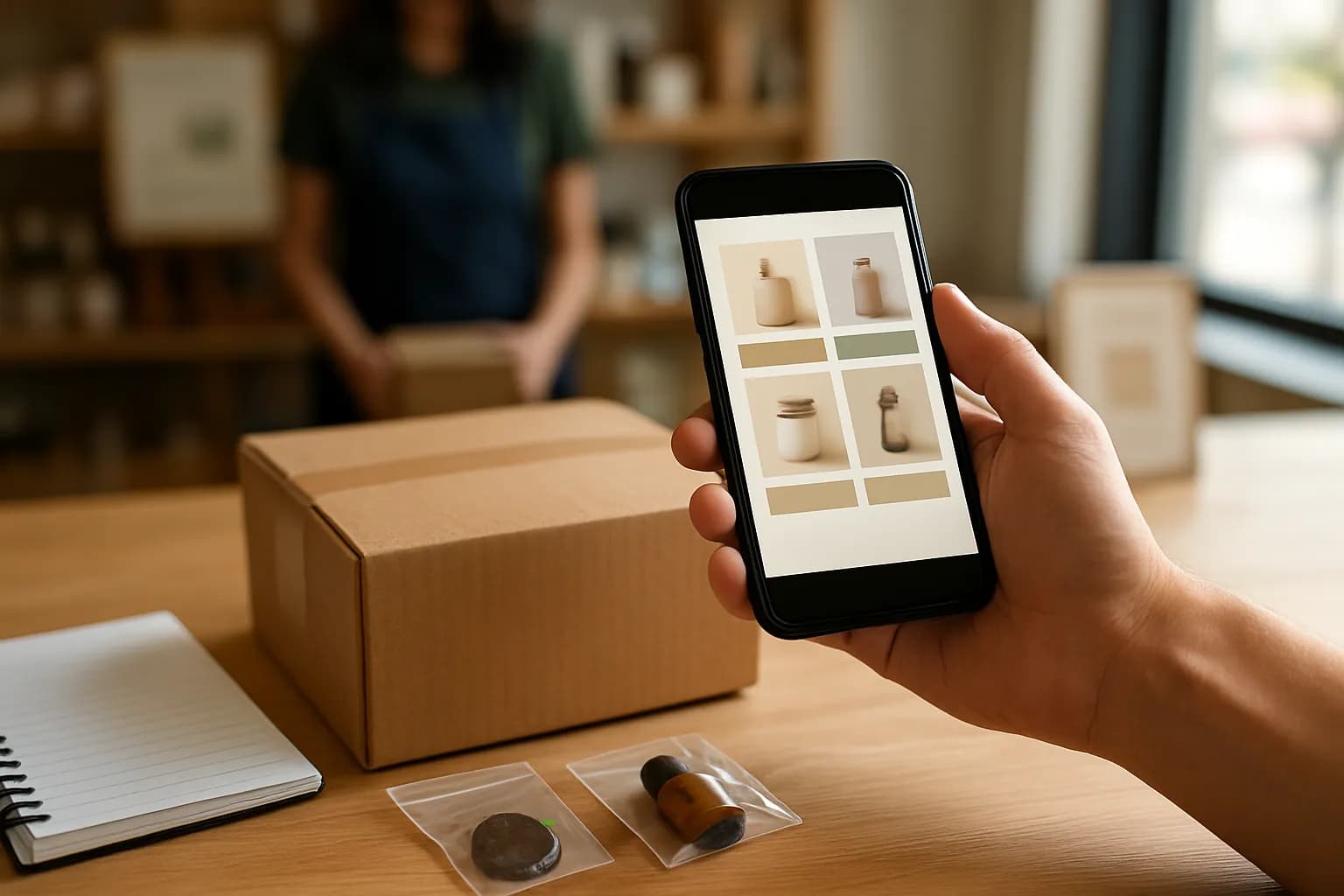 Hand holding a phone over shop parcels, samples and an order notebook