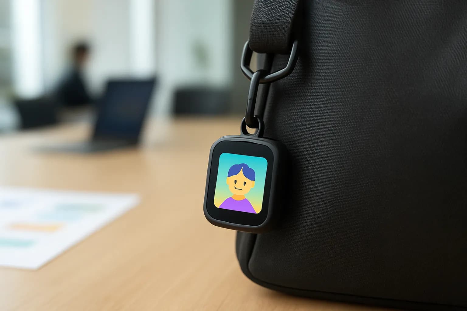 Small digital charm hanging from a bag beside a meeting room table