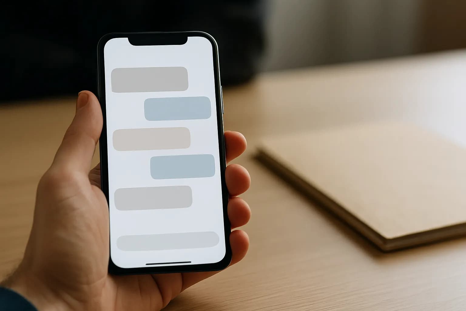 Hand holding a phone beside a closed folder on a meeting table