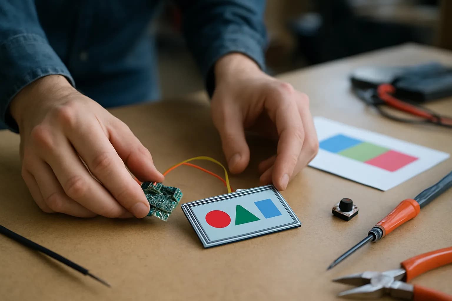 Hands arrange a circuit board, e-ink display and button on a workbench