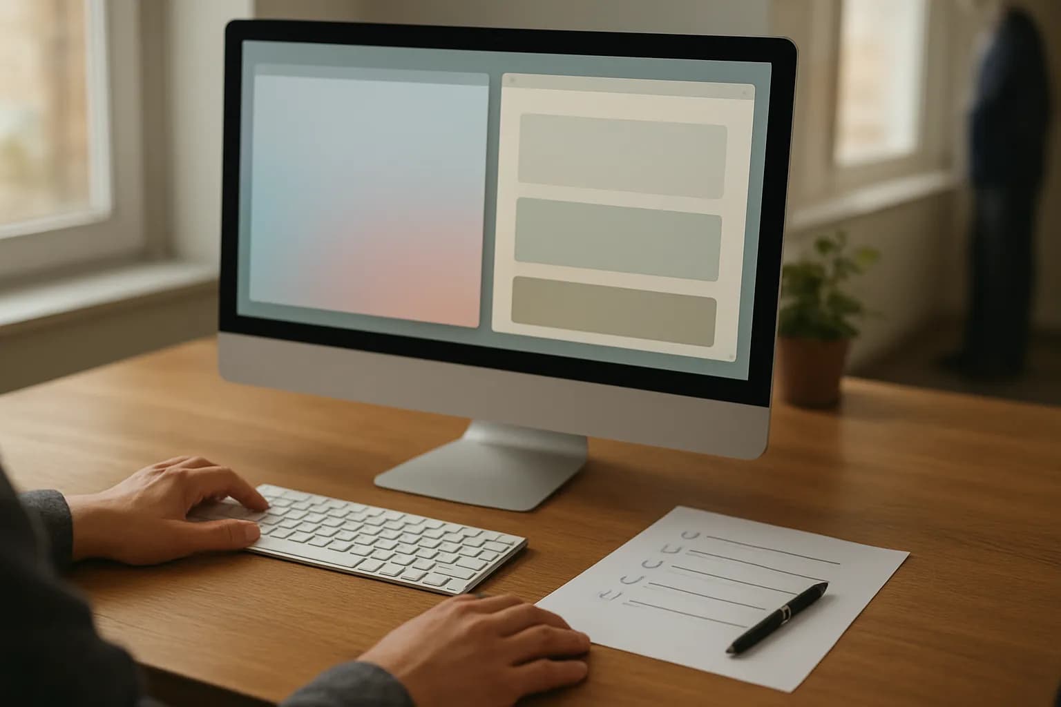 Hands beside a Mac keyboard, paper checklist and open app windows