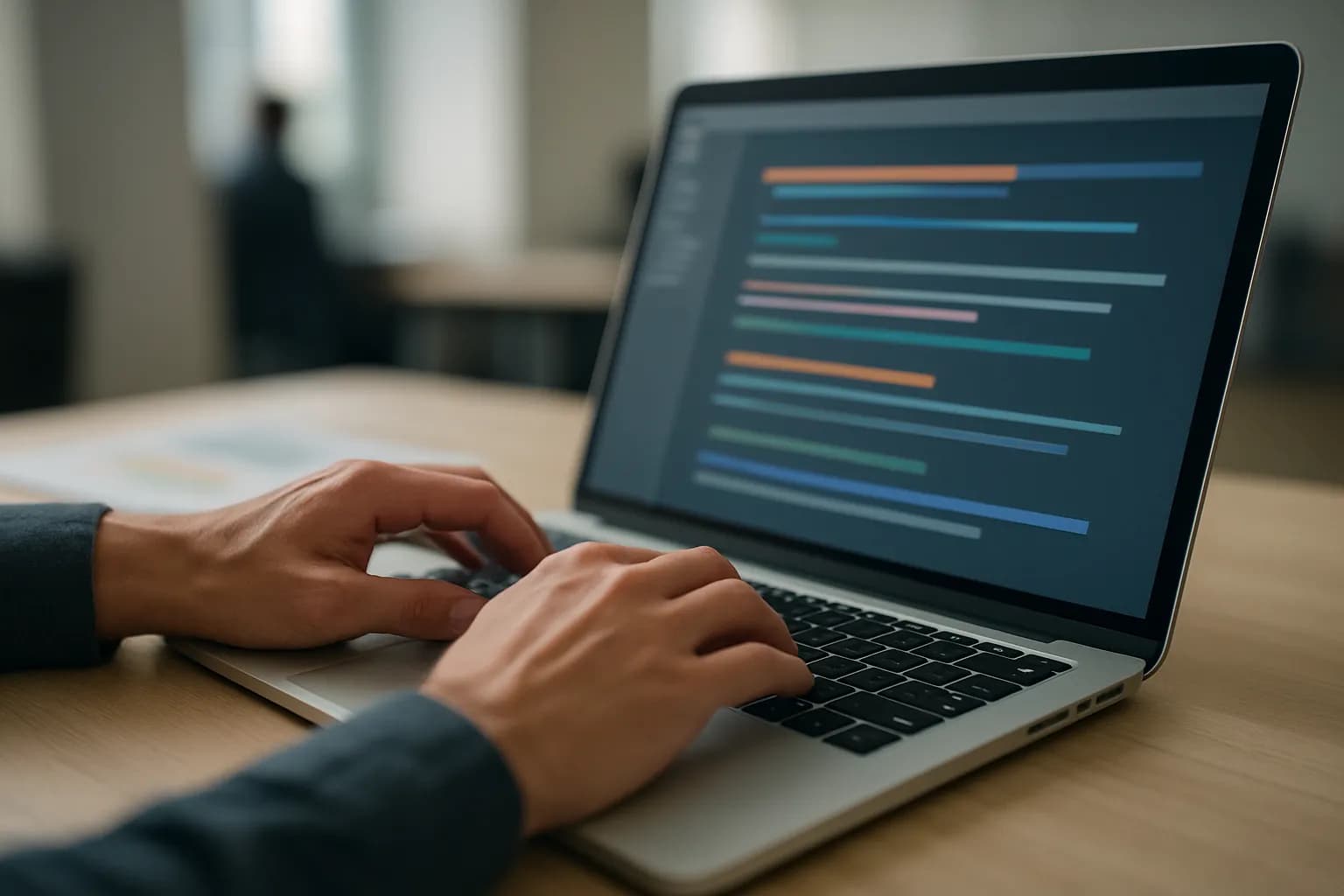 Hands at a laptop keyboard beside a softly lit code editor screen