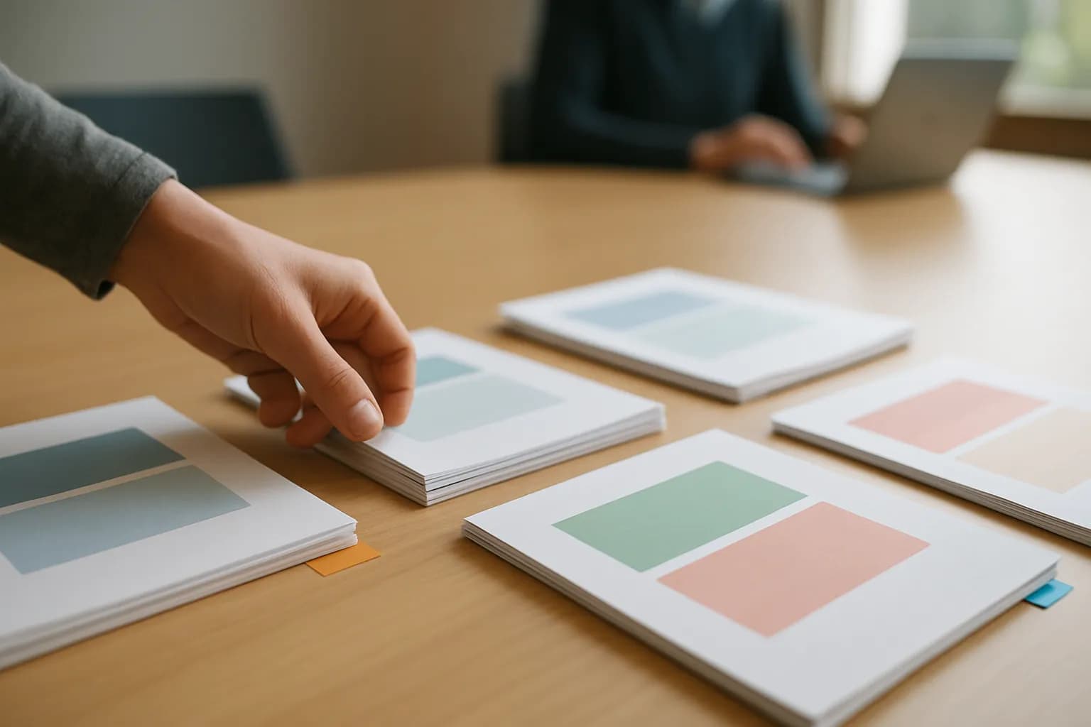 Hand sorts tabbed project briefs across a sunlit meeting room table
