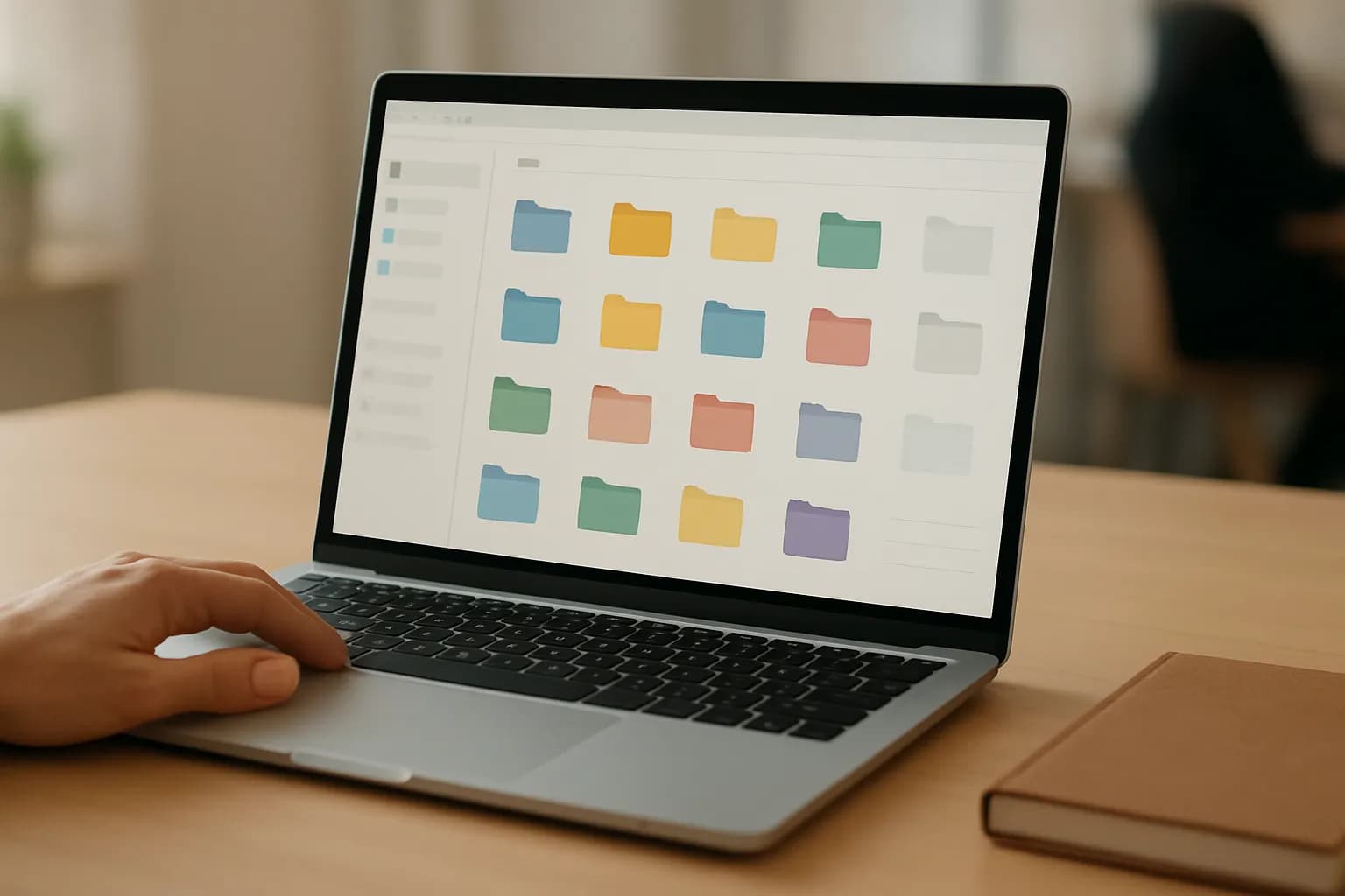 Hand beside a laptop showing rows of folders in an office