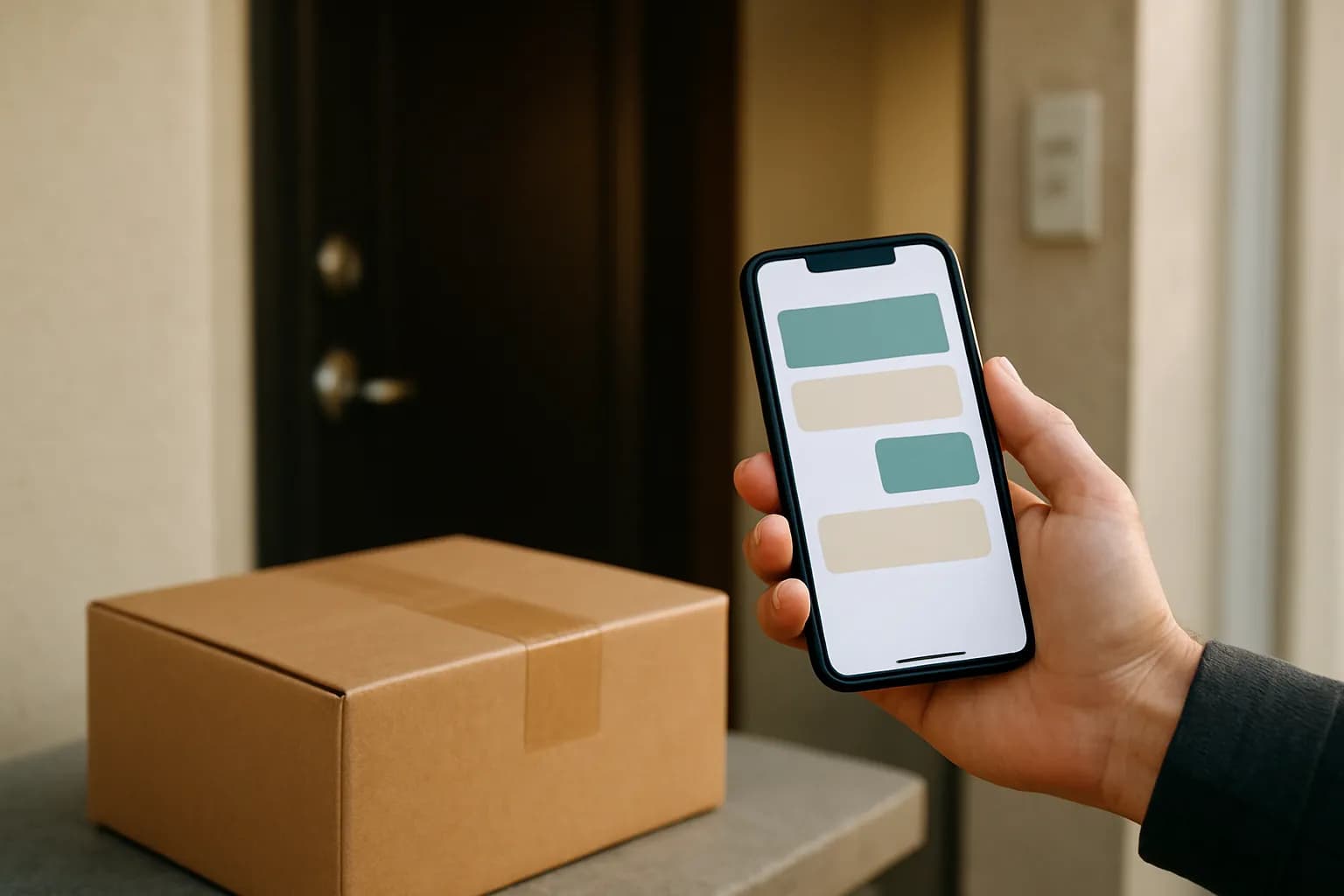 Hand holding a phone beside a parcel in an apartment entryway