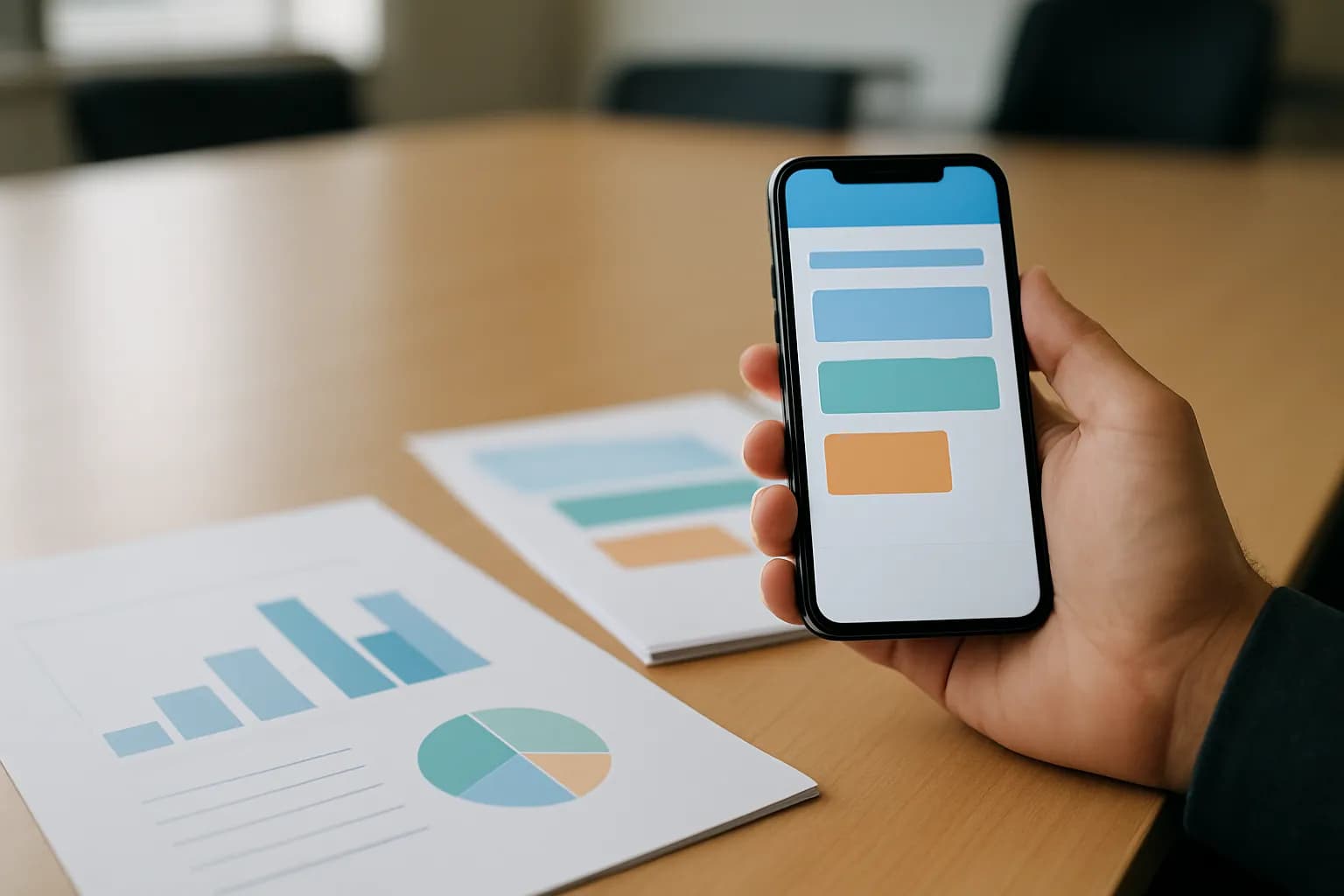 Hand holding a phone beside budget charts and presentation pages in a meeting room