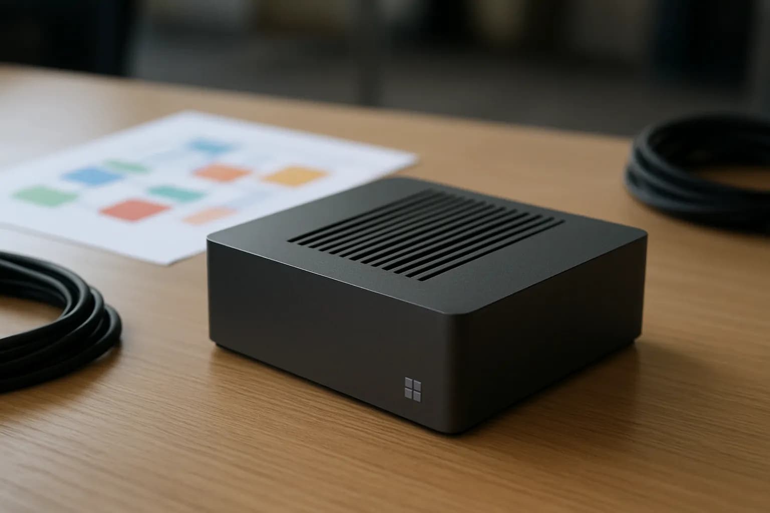Flat aluminum mini PC beside cables and a coloured workflow diagram