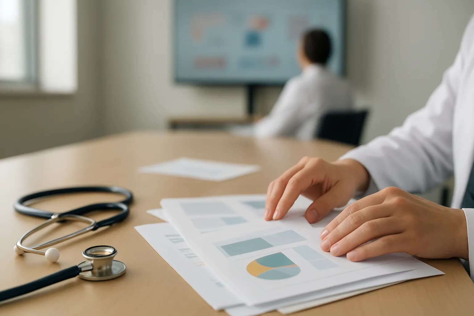Hands review medical case papers beside a stethoscope in a meeting room