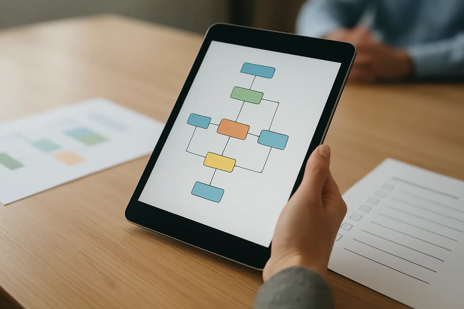 Hand holds a workflow tablet above printed support emails and checklist