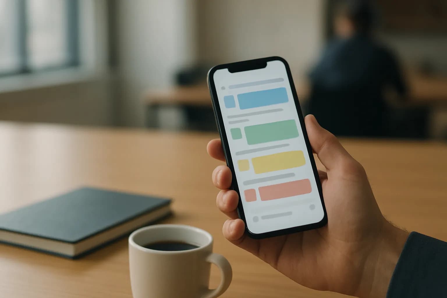 Hand holding phone with Slack brief beside coffee in morning meeting room