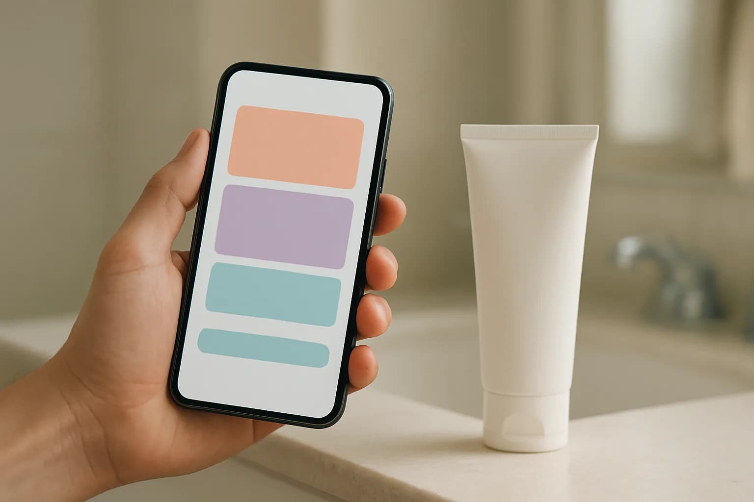 Hand holding a phone beside a skincare tube on a bathroom counter