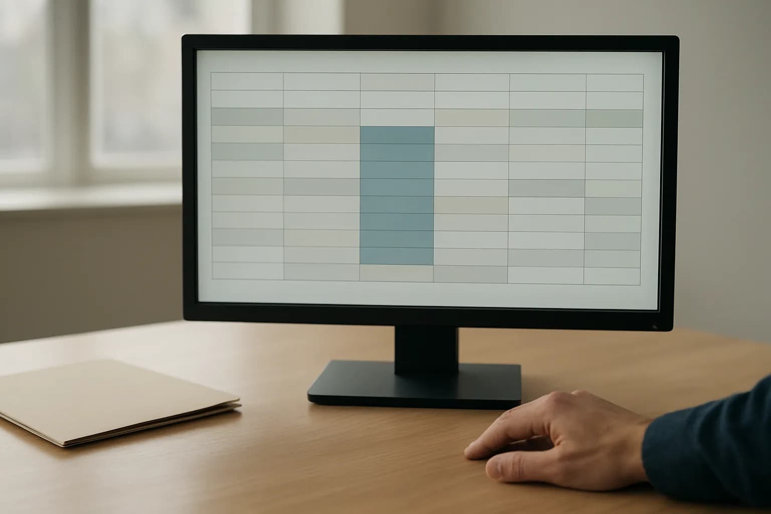 Hand beside a database grid and closed folder in a recruiting office