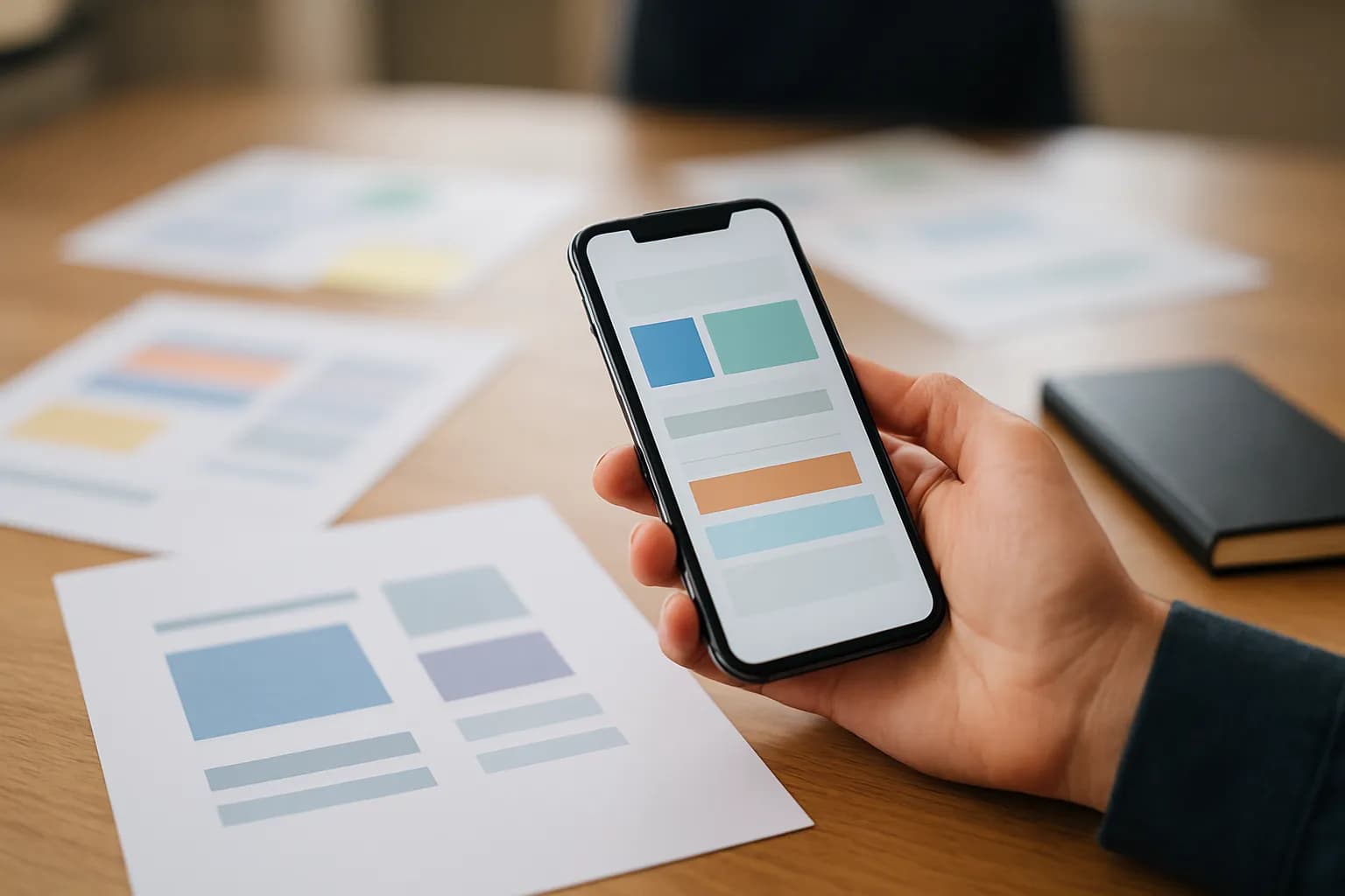 Hand holding a phone above project notes on a meeting table