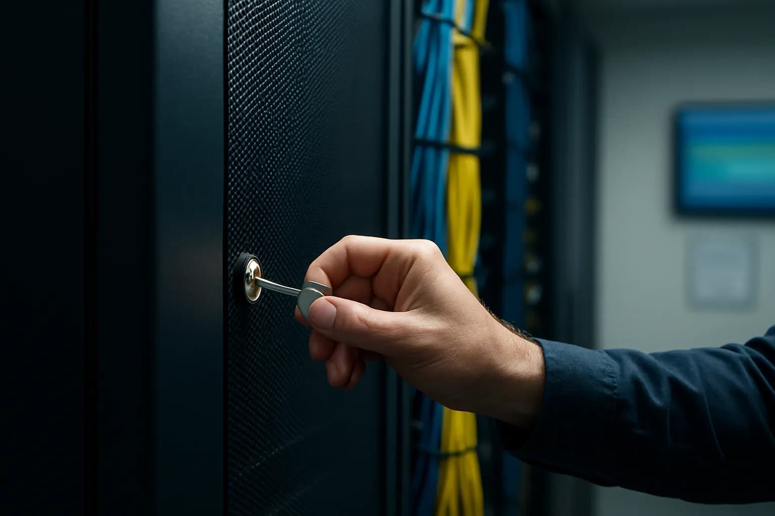 Hand holding an access key beside a locked server cabinet