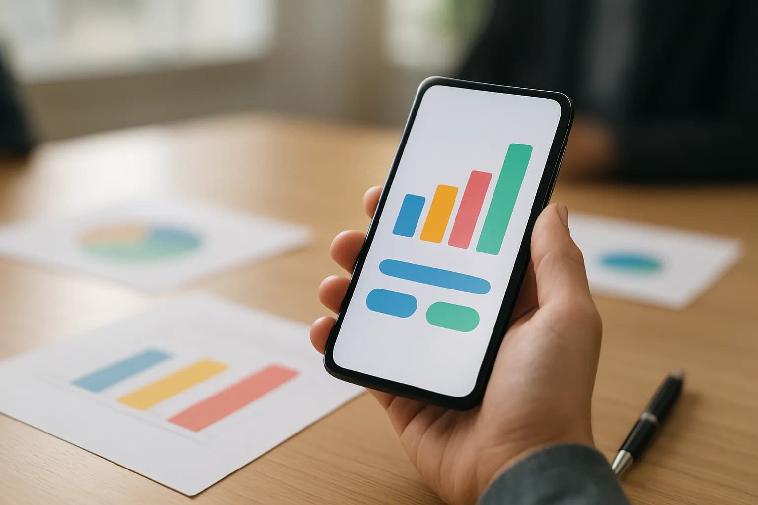 Hand holding a phone with a chart above a meeting table