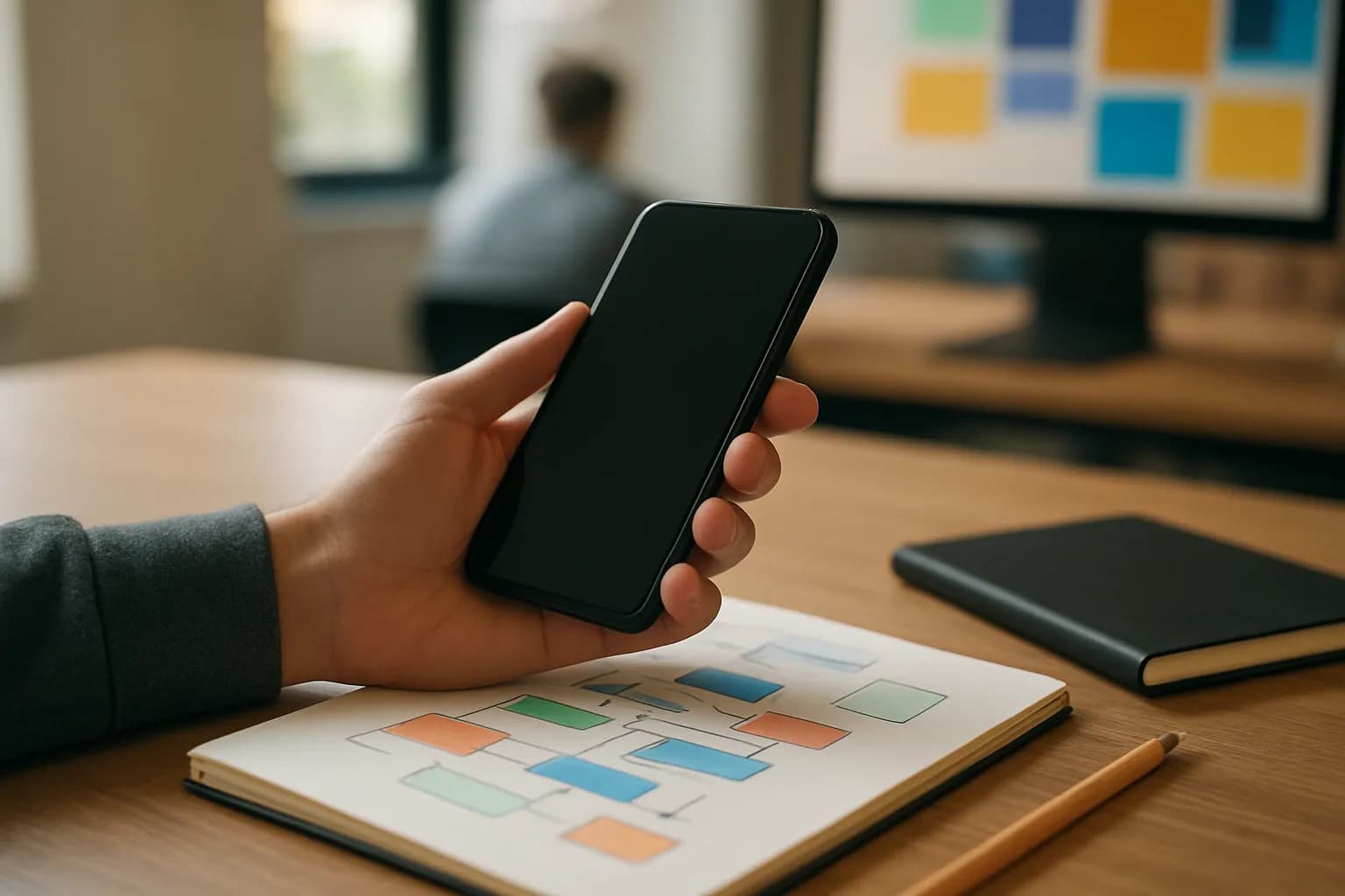 Hand holding a phone beside project diagrams in a team workspace