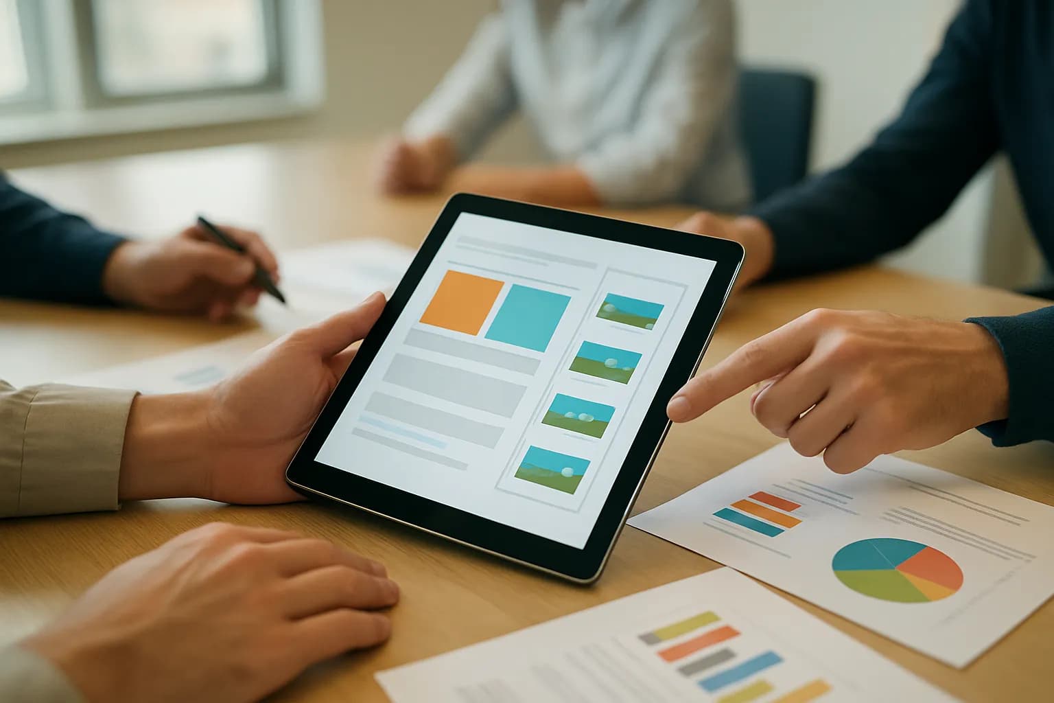 Hands gather around a tablet showing documents and slides in a meeting room.